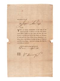 [PENNSYLVANIA]. Warrant for a list of men eligible for militia service in Philadelphia, PA. 23 April 1788.