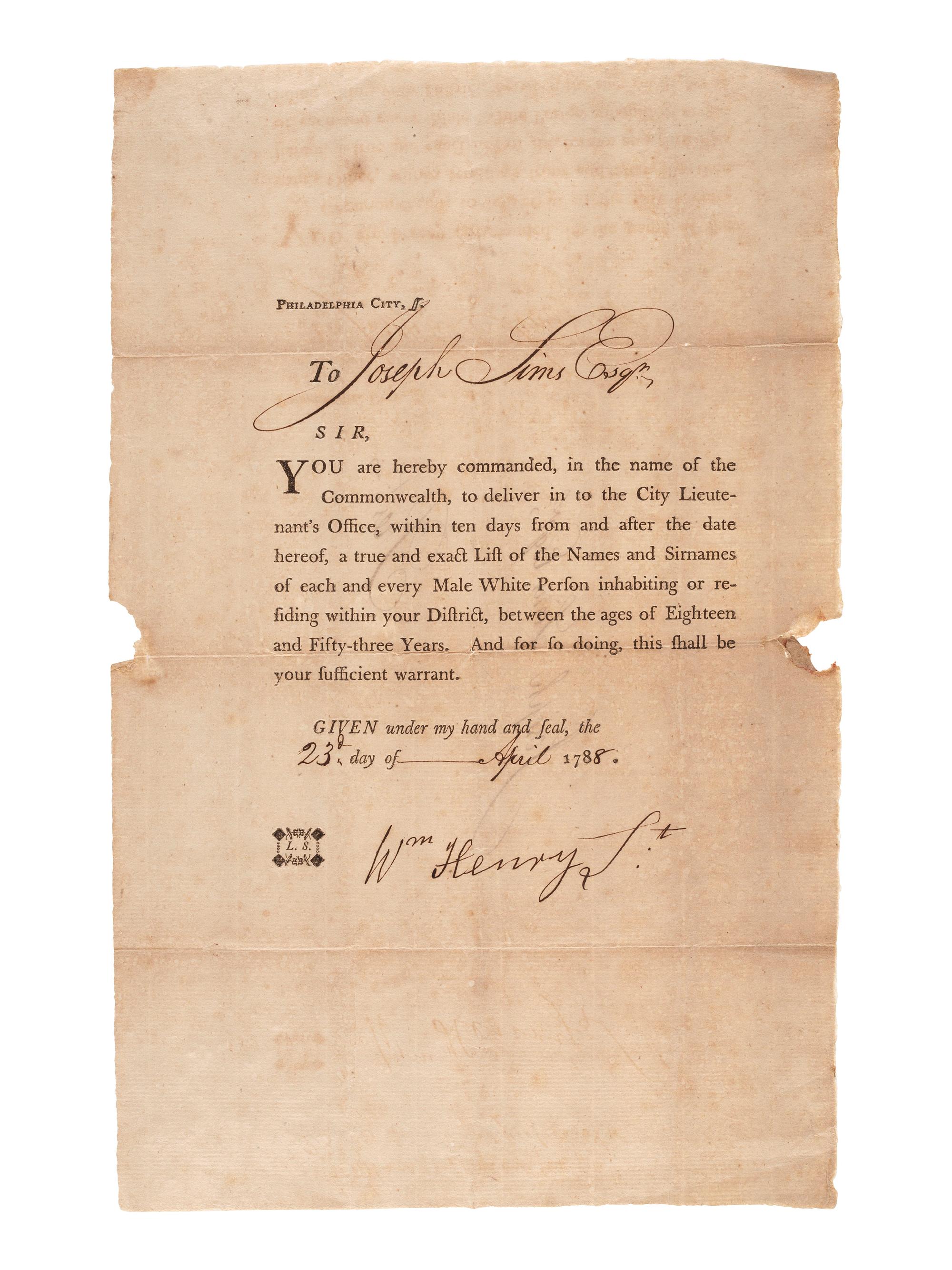 [PENNSYLVANIA]. Warrant for a list of men eligible for militia service in Philadelphia, PA. 23 April 1788.