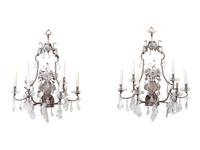 A Pair of Maison Baguès Silvered Metal, Rock Crystal and Glass Six-Light Sconces