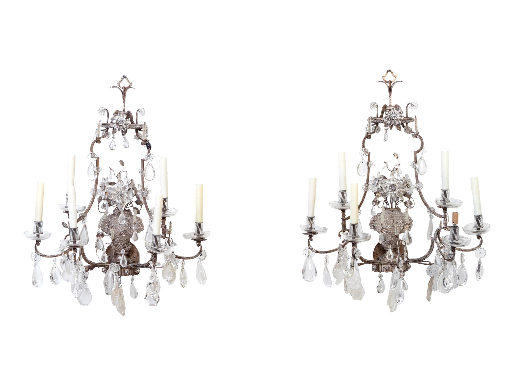 A Pair of Maison Baguès Silvered Metal, Rock Crystal and Glass Six-Light Sconces