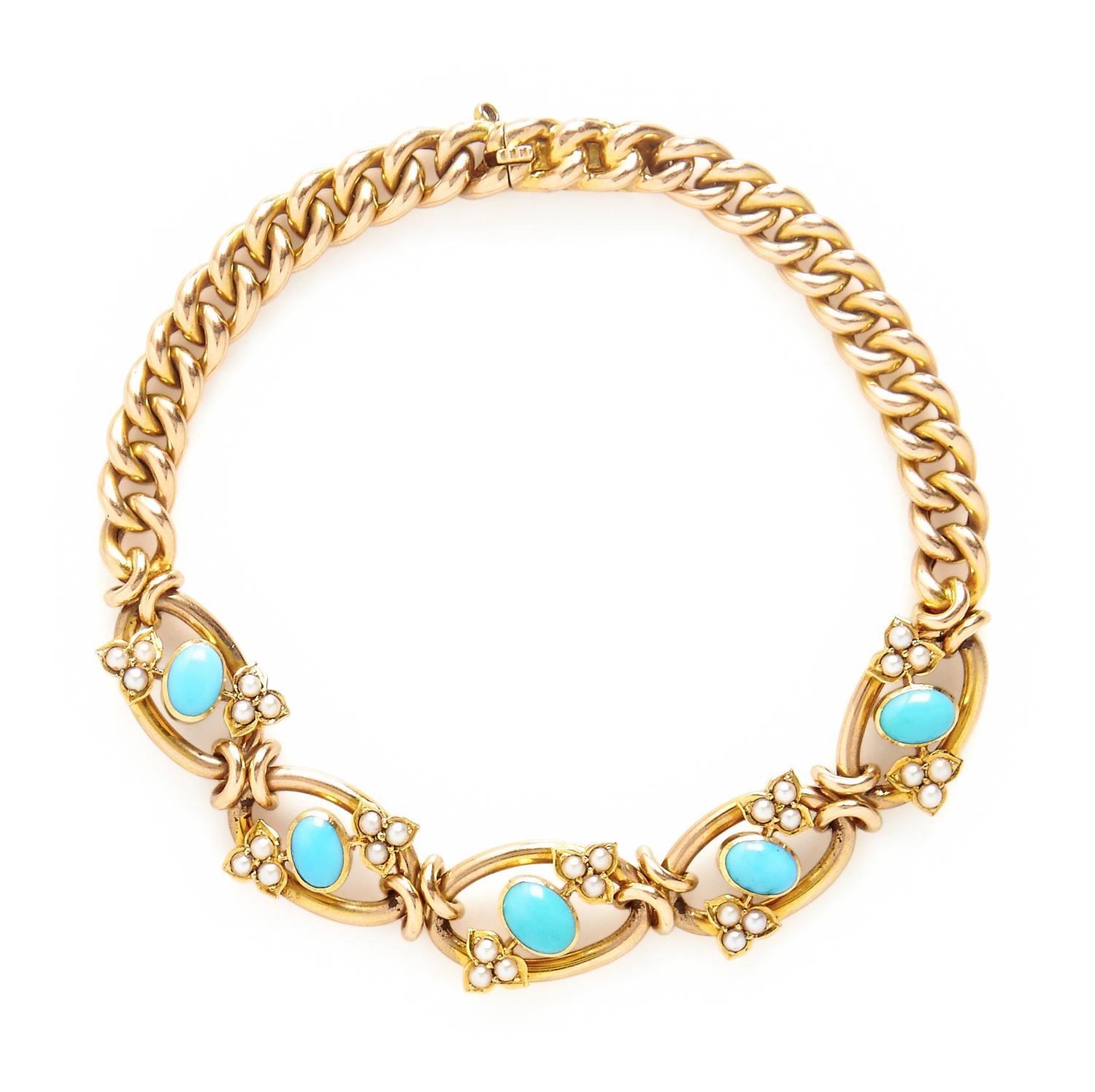 VICTORIAN, YELLOW GOLD, TURQUOISE, AND SEED PEARL BRACELET