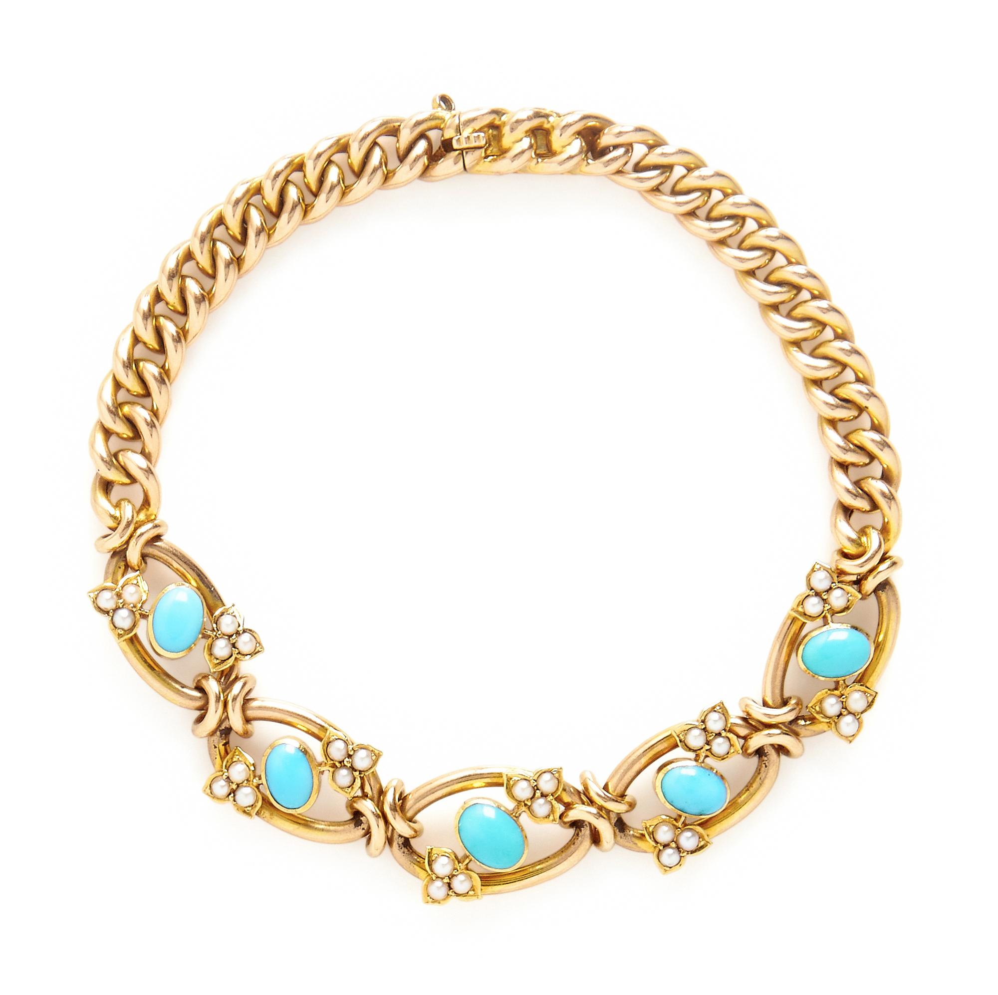 VICTORIAN, YELLOW GOLD, TURQUOISE, AND SEED PEARL BRACELET