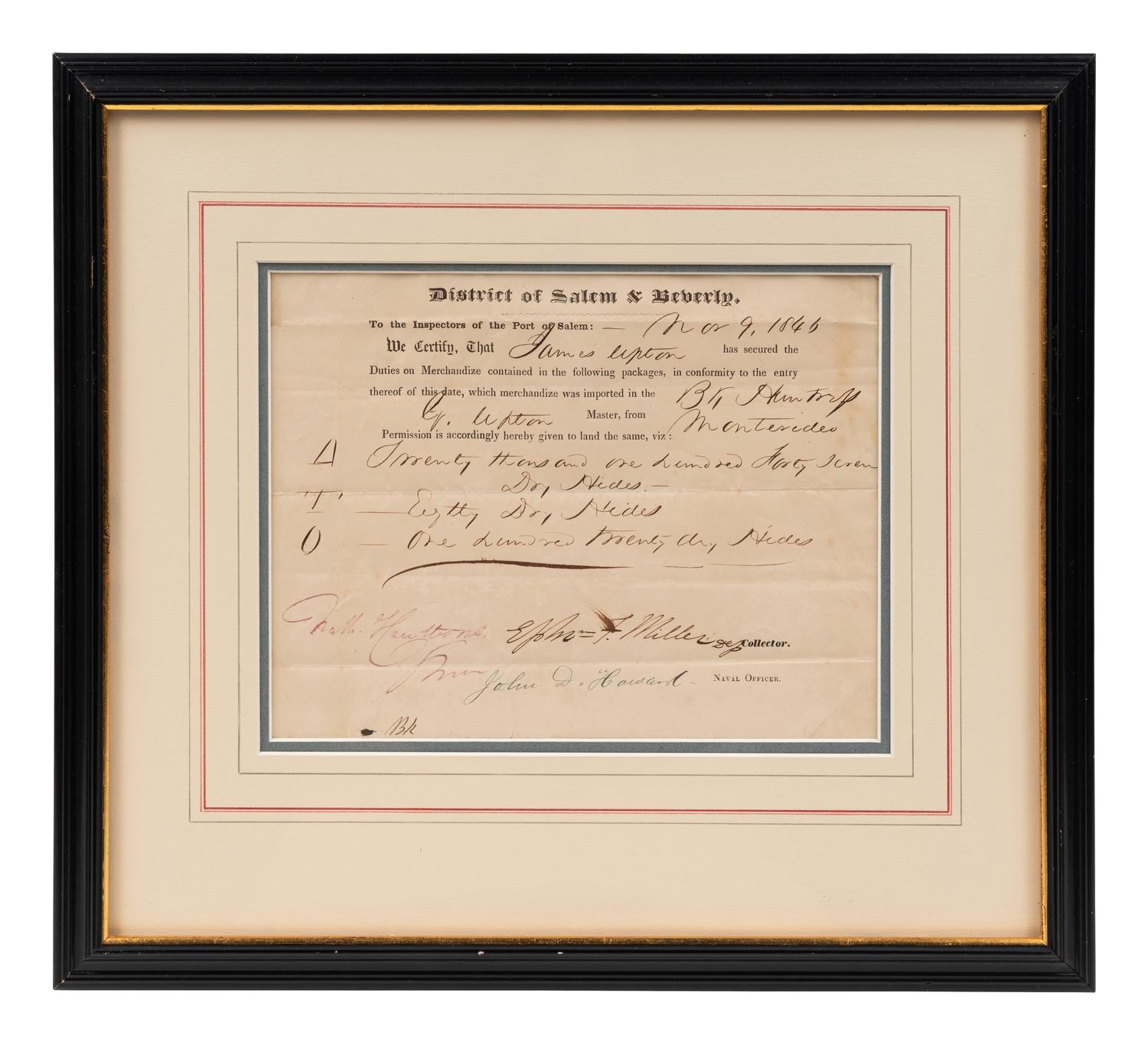 HAWTHORNE, Nathaniel (1804-1864). Printed document accomplished in holograph signed ("Nath. Hawthorne"), as surveyor. 9 November 1846.
