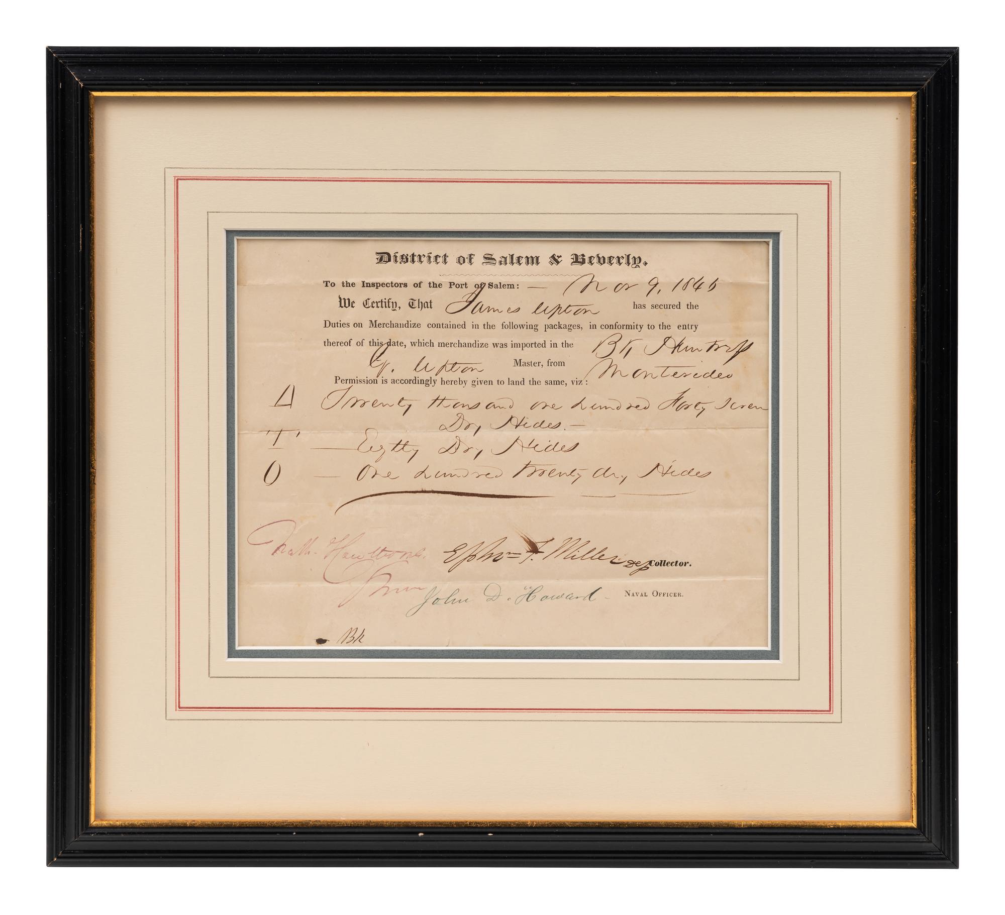 HAWTHORNE, Nathaniel (1804-1864). Printed document accomplished in holograph signed ("Nath. Hawthorne"), as surveyor. 9 November 1846.