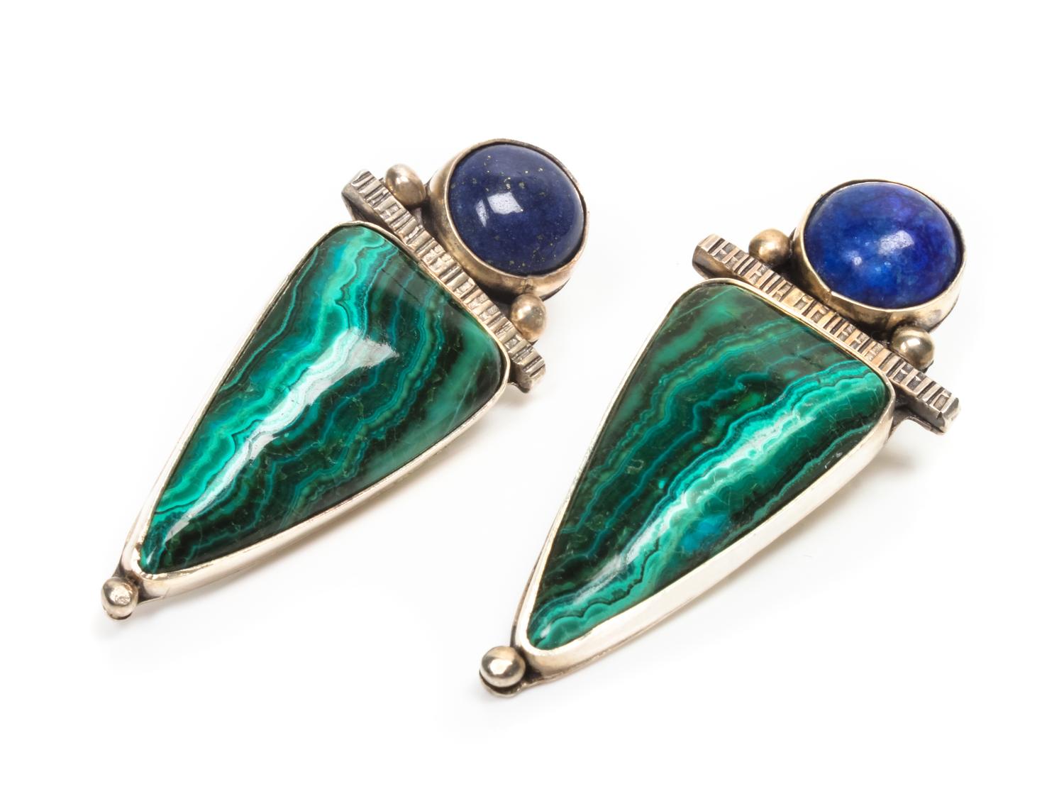 A Pair of Southwestern Style Silver, Lapis and Malachite Earrings Length 2 1/8 x width 7/8 inches.