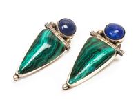 A Pair of Southwestern Style Silver, Lapis and Malachite Earrings Length 2 1/8 x width 7/8 inches.