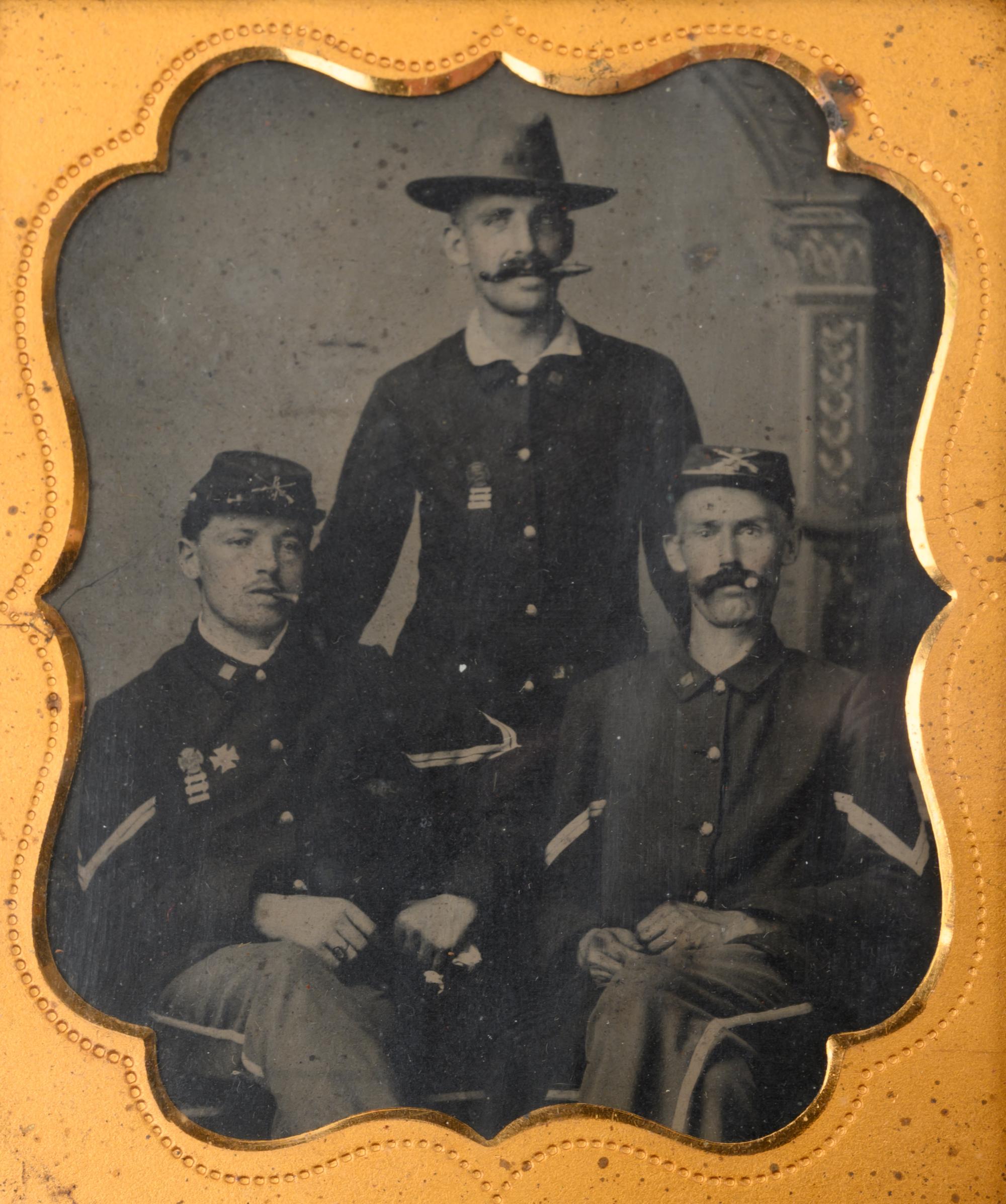 A Sixth Plate Cased Tintype of Three Cigar-Smoking Union Soldiers