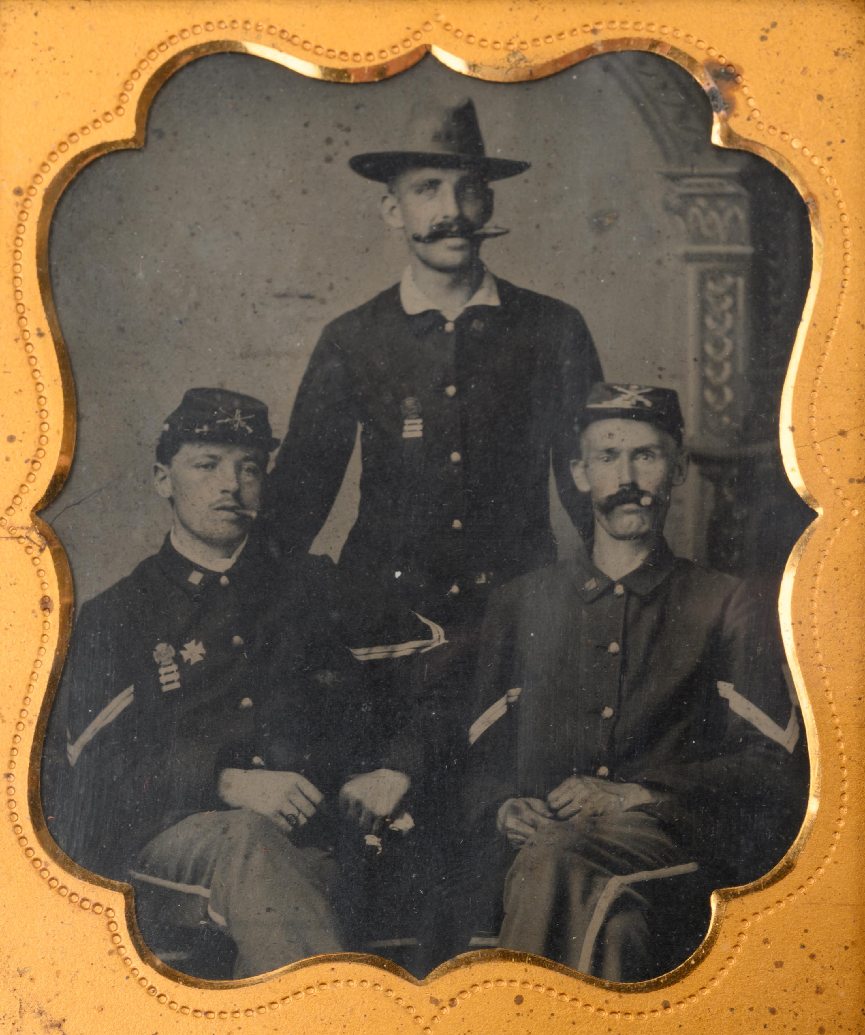 A Sixth Plate Cased Tintype of Three Cigar-Smoking Union Soldiers