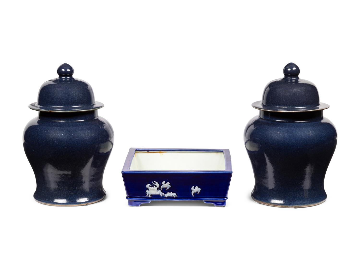 Three Chinese Blue Glazed Porcelain Wares