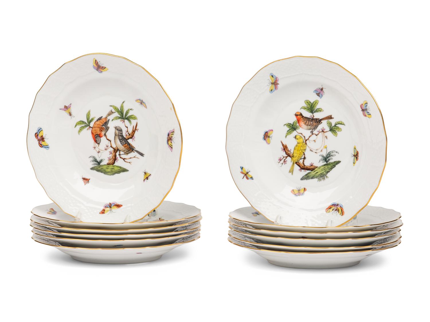 A Set of Twelve Herend Rothschild Bird Porcelain Dessert Plates