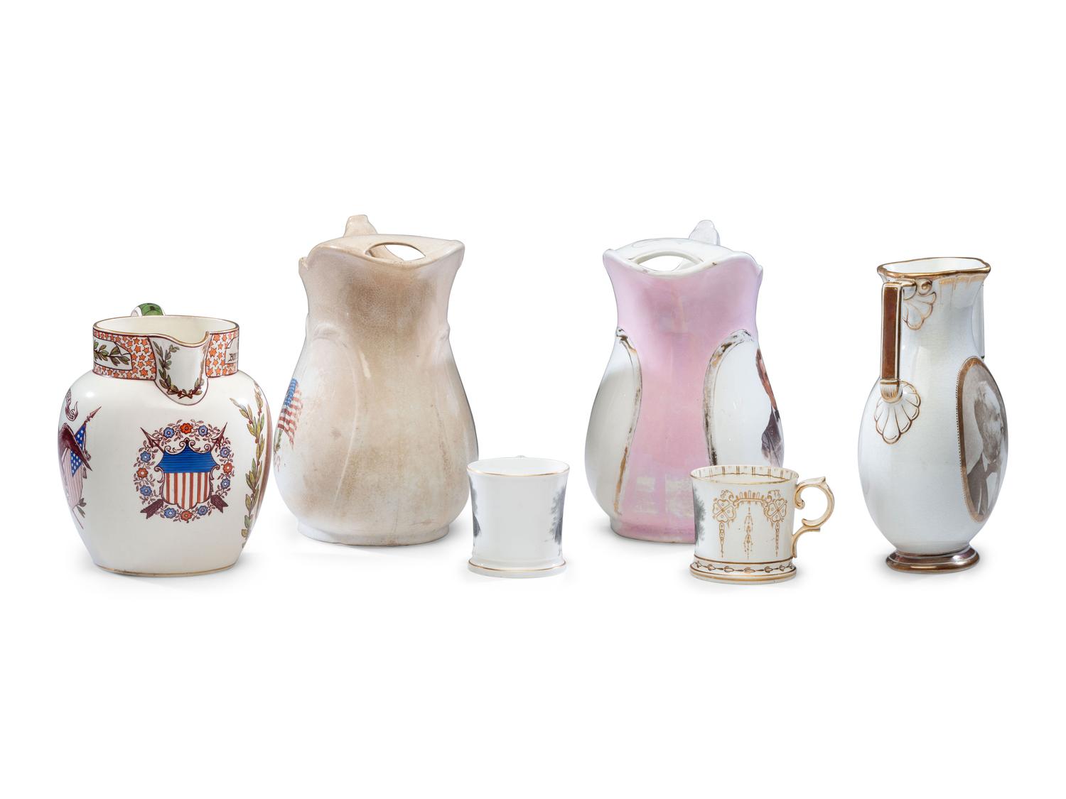 Six Porcelain Political Portrait Pitchers and Mugs