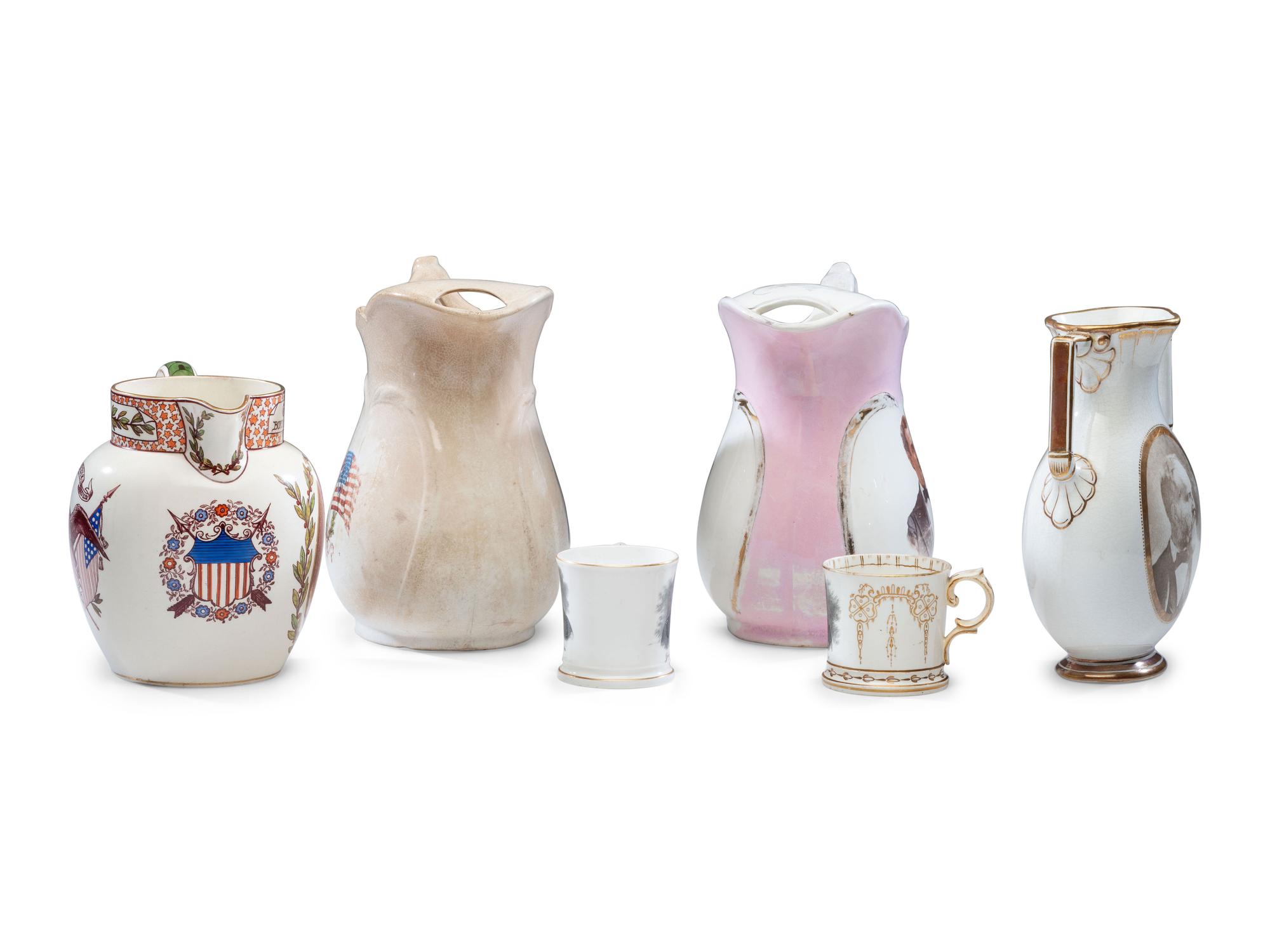 Six Porcelain Political Portrait Pitchers and Mugs