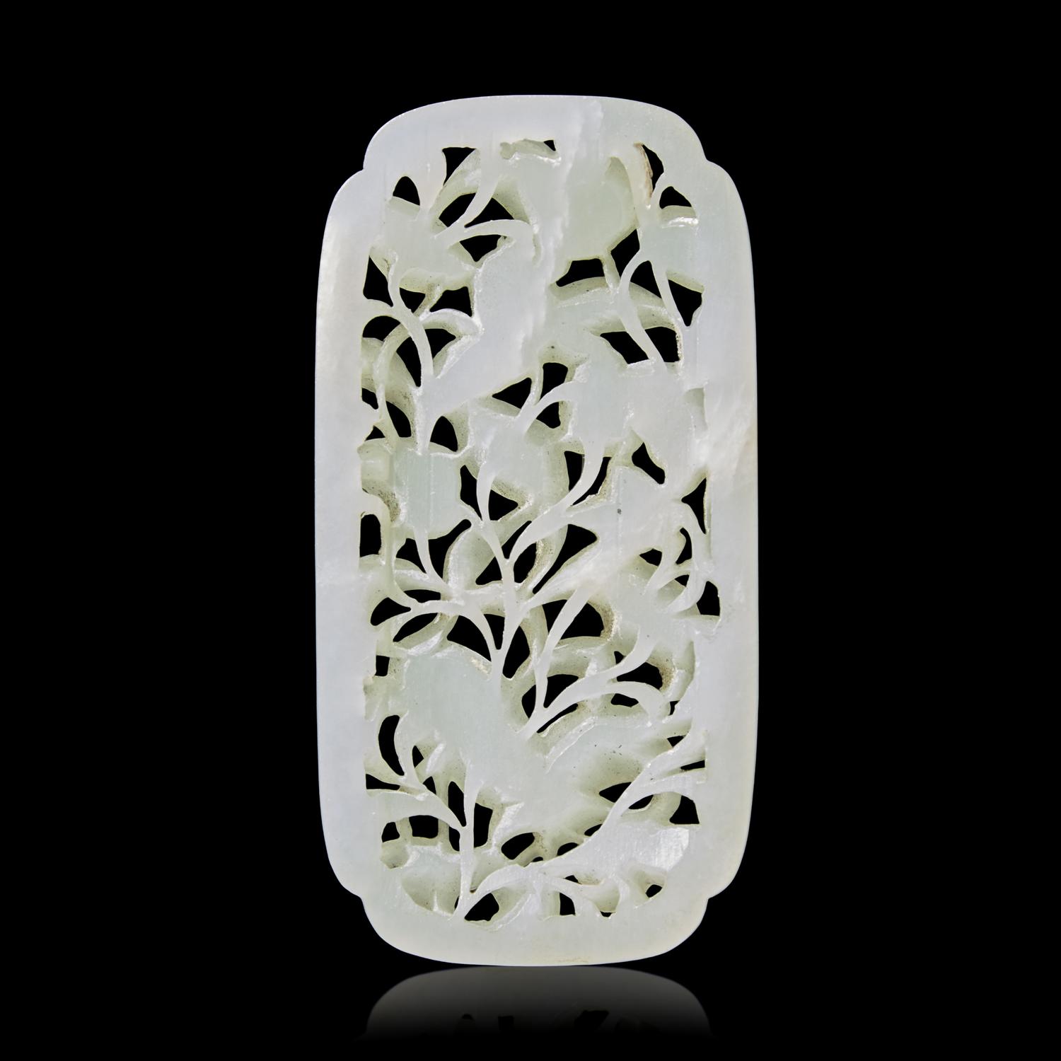 A Chinese Pale Celadon Jade 'Cranes and Peaches' Reticulated Plaque, 19th Century or Earlier 清晚期 青白玉鏤雕蓮塘鷺影牌