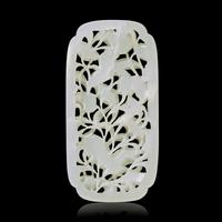A Chinese Pale Celadon Jade 'Cranes and Peaches' Reticulated Plaque, 19th Century or Earlier 清晚期 青白玉鏤雕蓮塘鷺影牌