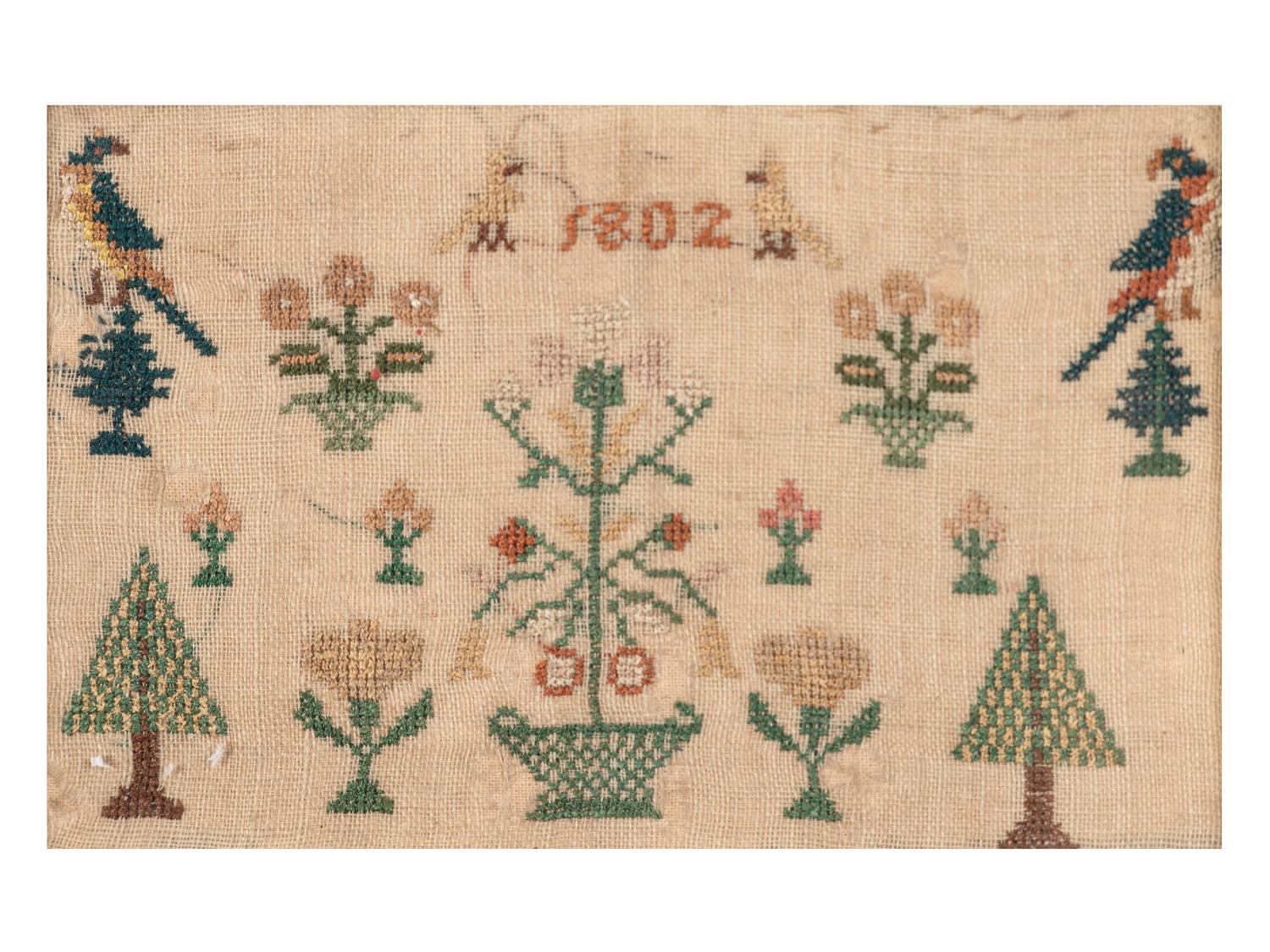 Four English Needlework Embroidered Pictorial Schoolgirl's Samplers
