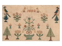 Four English Needlework Embroidered Pictorial Schoolgirl's Samplers