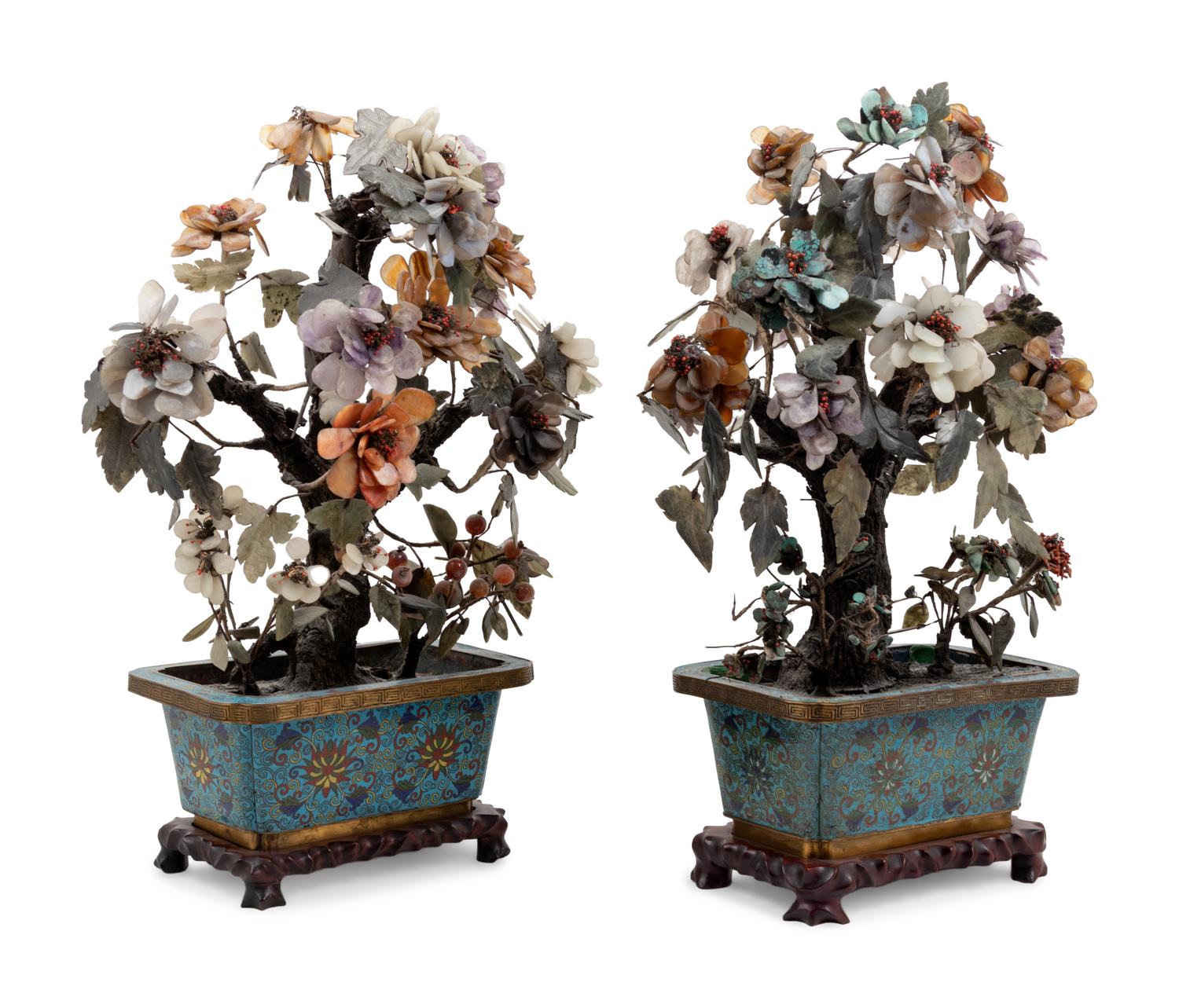 Two Chinese Hardstone Models of Flowering Trees in Cloisonné Bulb Dishes