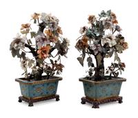 Two Chinese Hardstone Models of Flowering Trees in Cloisonné Bulb Dishes