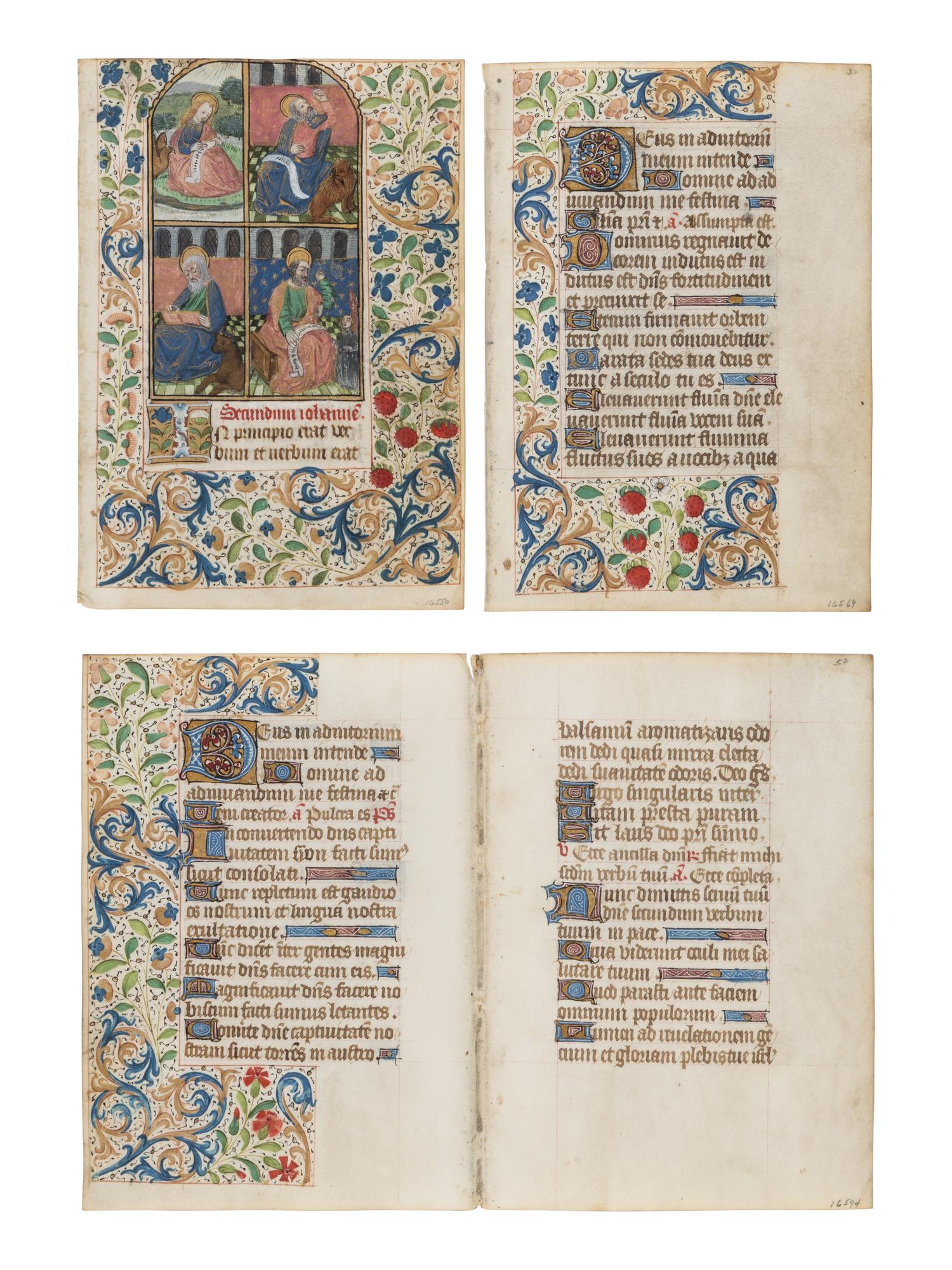 CIRCLE OF THE MASTER OF THE ROUEN ÉCHEVINAGE (Playfair Group) (active Rouen, c. 1450-1480s) Four leaves (a bifolium and 2 single leaves) from a Book of Hours, with a large miniature of the Four Evangelists, in Latin, illuminated manuscript on parchment, [France, Rouen, c. 1460–1470]