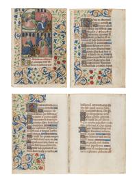 CIRCLE OF THE MASTER OF THE ROUEN ÉCHEVINAGE (Playfair Group) (active Rouen, c. 1450-1480s) Four leaves (a bifolium and 2 single leaves) from a Book of Hours, with a large miniature of the Four Evangelists, in Latin, illuminated manuscript on parchment, [France, Rouen, c. 1460–1470]