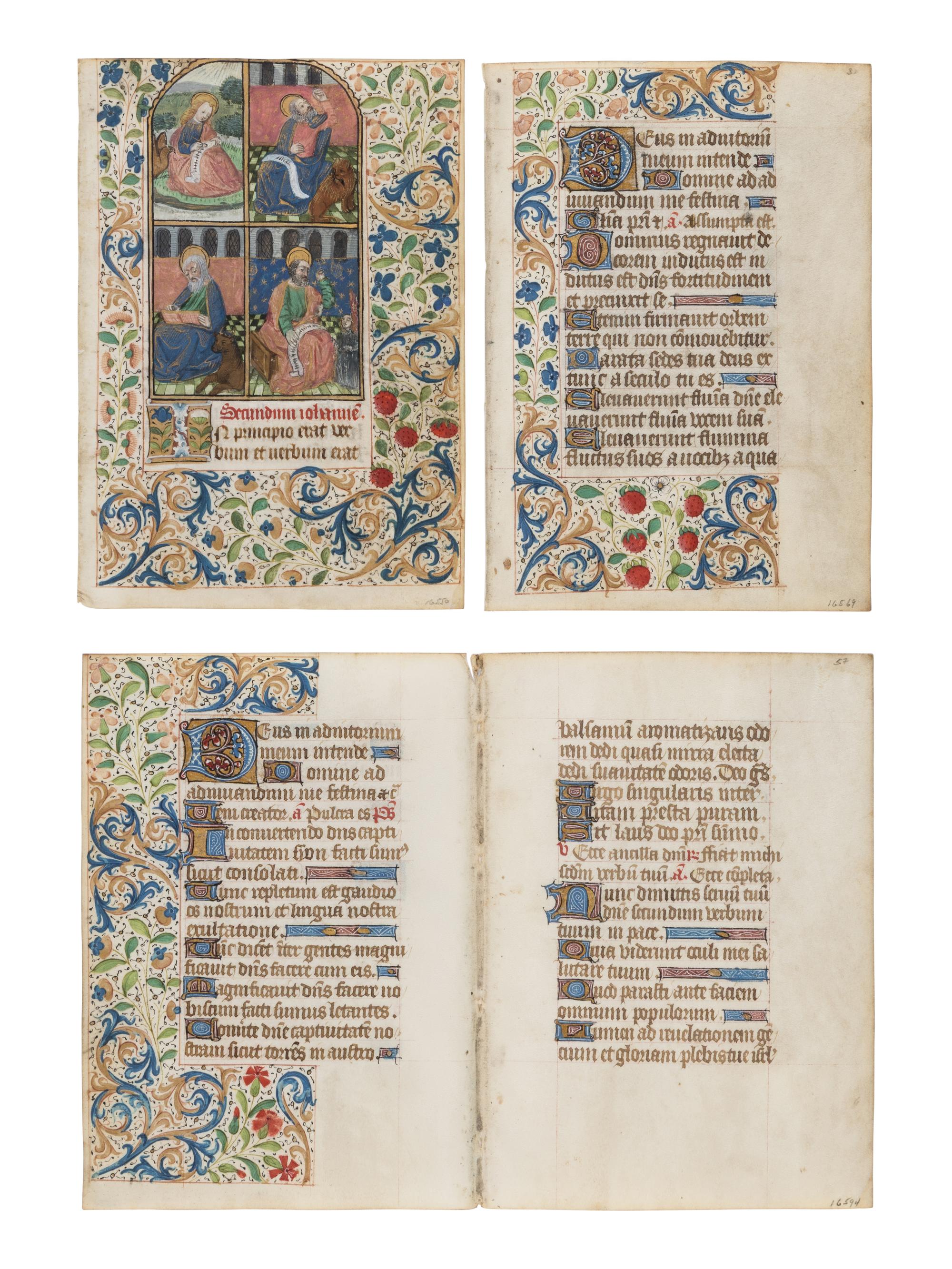 CIRCLE OF THE MASTER OF THE ROUEN ÉCHEVINAGE (Playfair Group) (active Rouen, c. 1450-1480s) Four leaves (a bifolium and 2 single leaves) from a Book of Hours, with a large miniature of the Four Evangelists, in Latin, illuminated manuscript on parchment, [France, Rouen, c. 1460–1470]
