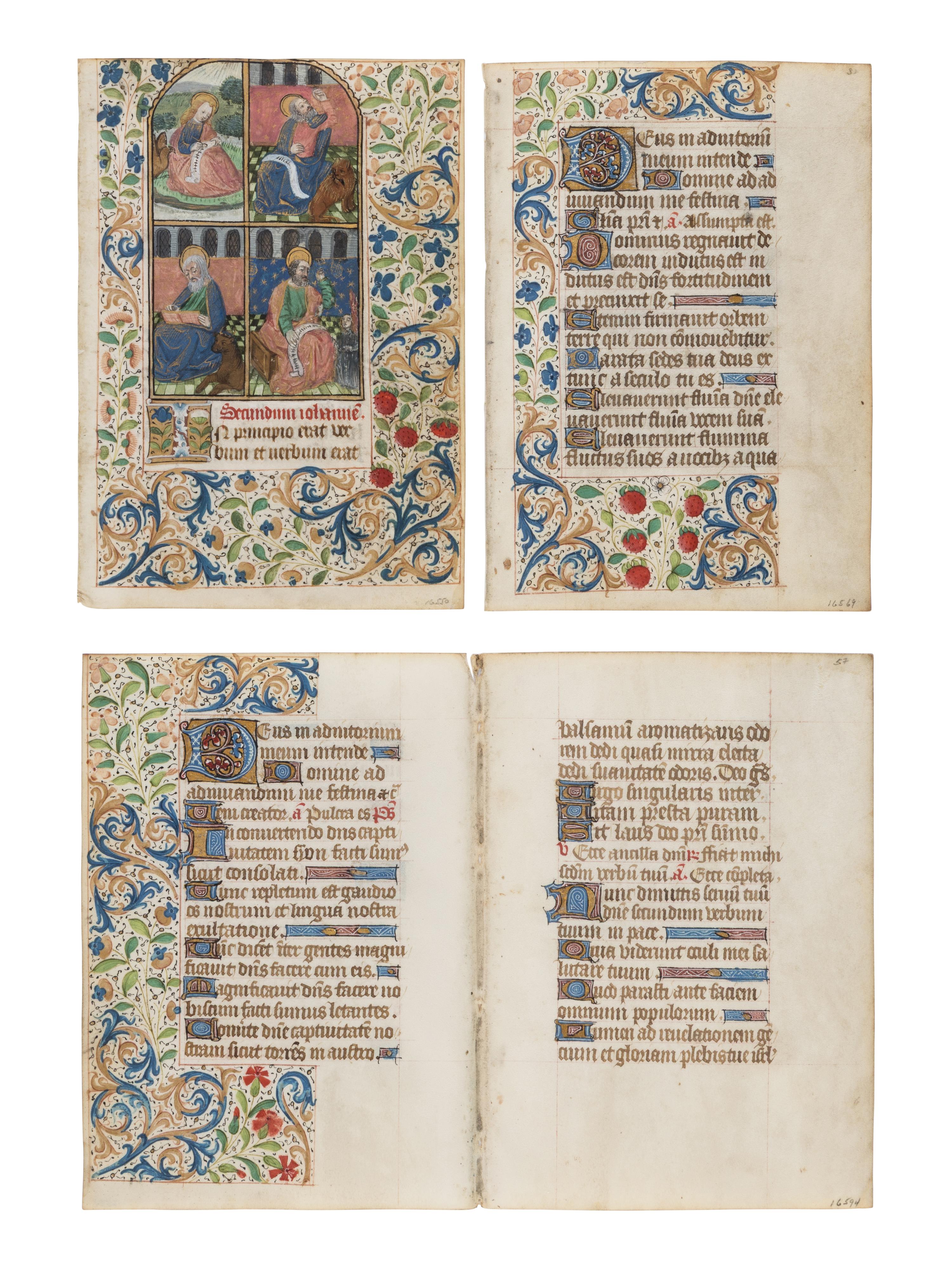 CIRCLE OF THE MASTER OF THE ROUEN ÉCHEVINAGE (Playfair Group) (active Rouen, c. 1450-1480s) Four leaves (a bifolium and 2 single leaves) from a Book of Hours, with a large miniature of the Four Evangelists, in Latin, illuminated manuscript on parchment, [France, Rouen, c. 1460–1470]