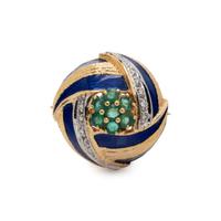 YELLOW GOLD, EMERALD, DIAMOND AND ENAMEL RING