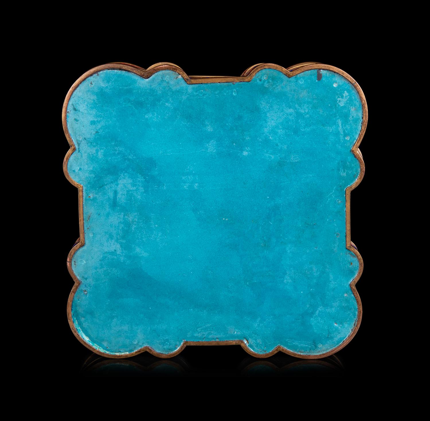 A Chinese Celadon Jade Inset Cloisonné Enamel Quatrefoil- Covered Box