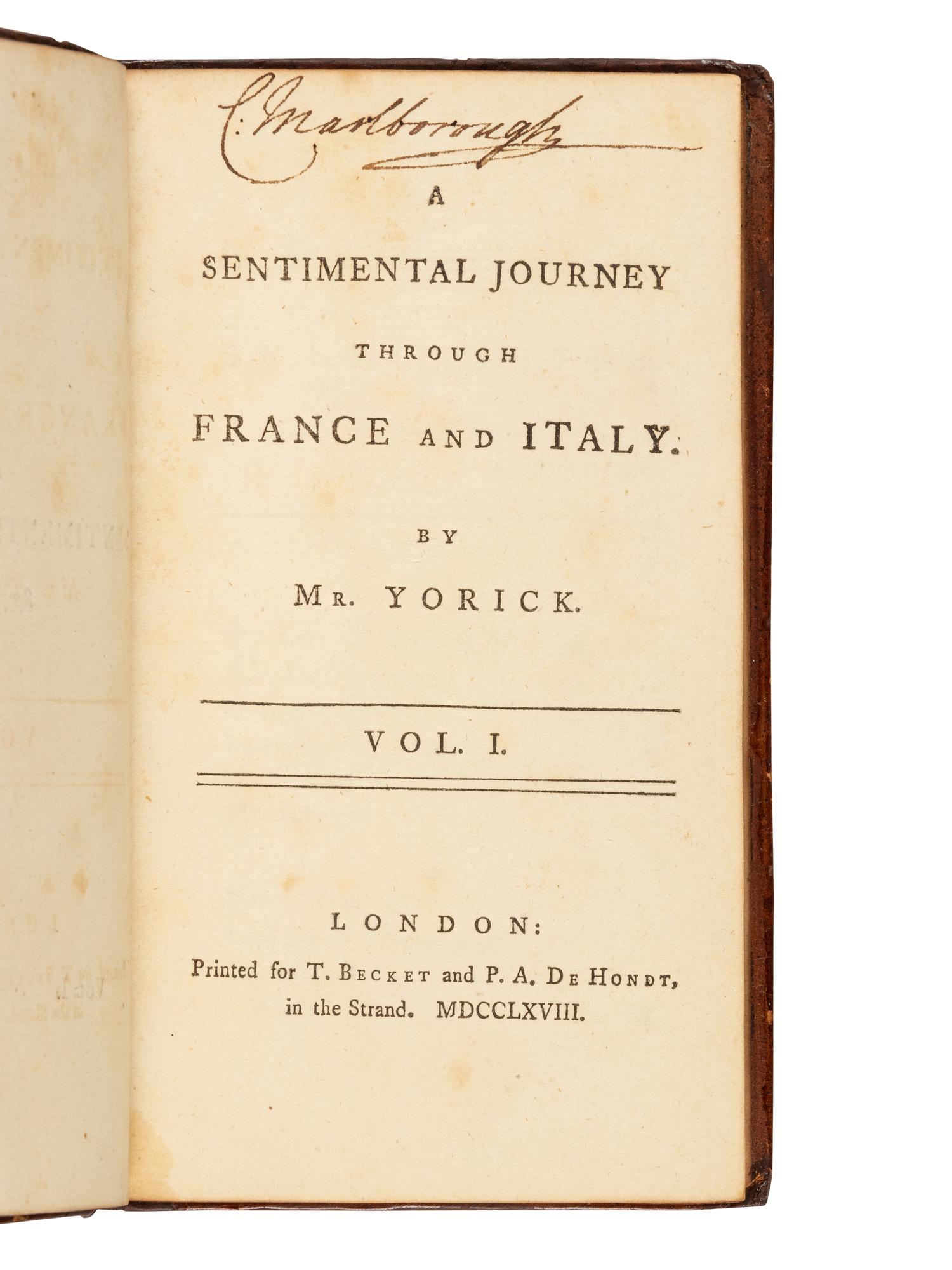 STERNE, Laurence (1713-1768). A Sentimental Journey Through France and Italy . London: T. Becket and P.A. De Hondt, 1768.