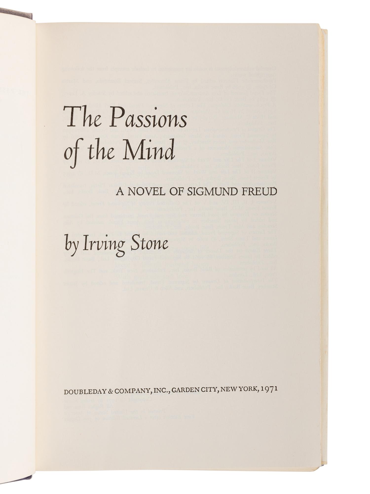 STONE, Irving (1903-1989). The Passions of the Mind . Garden City, NY: Doubleday & Company, Inc., 1971.