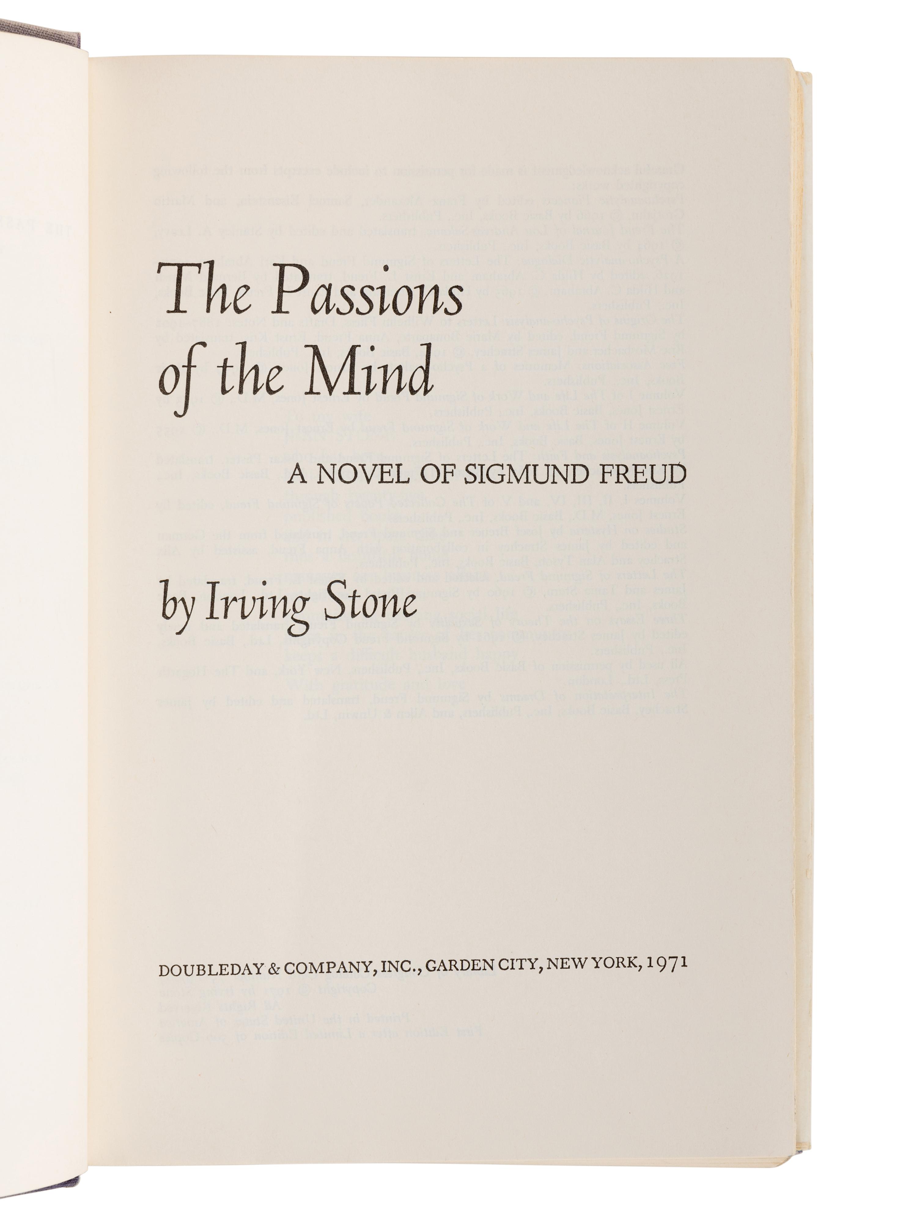 STONE, Irving (1903-1989). The Passions of the Mind . Garden City, NY: Doubleday & Company, Inc., 1971.
