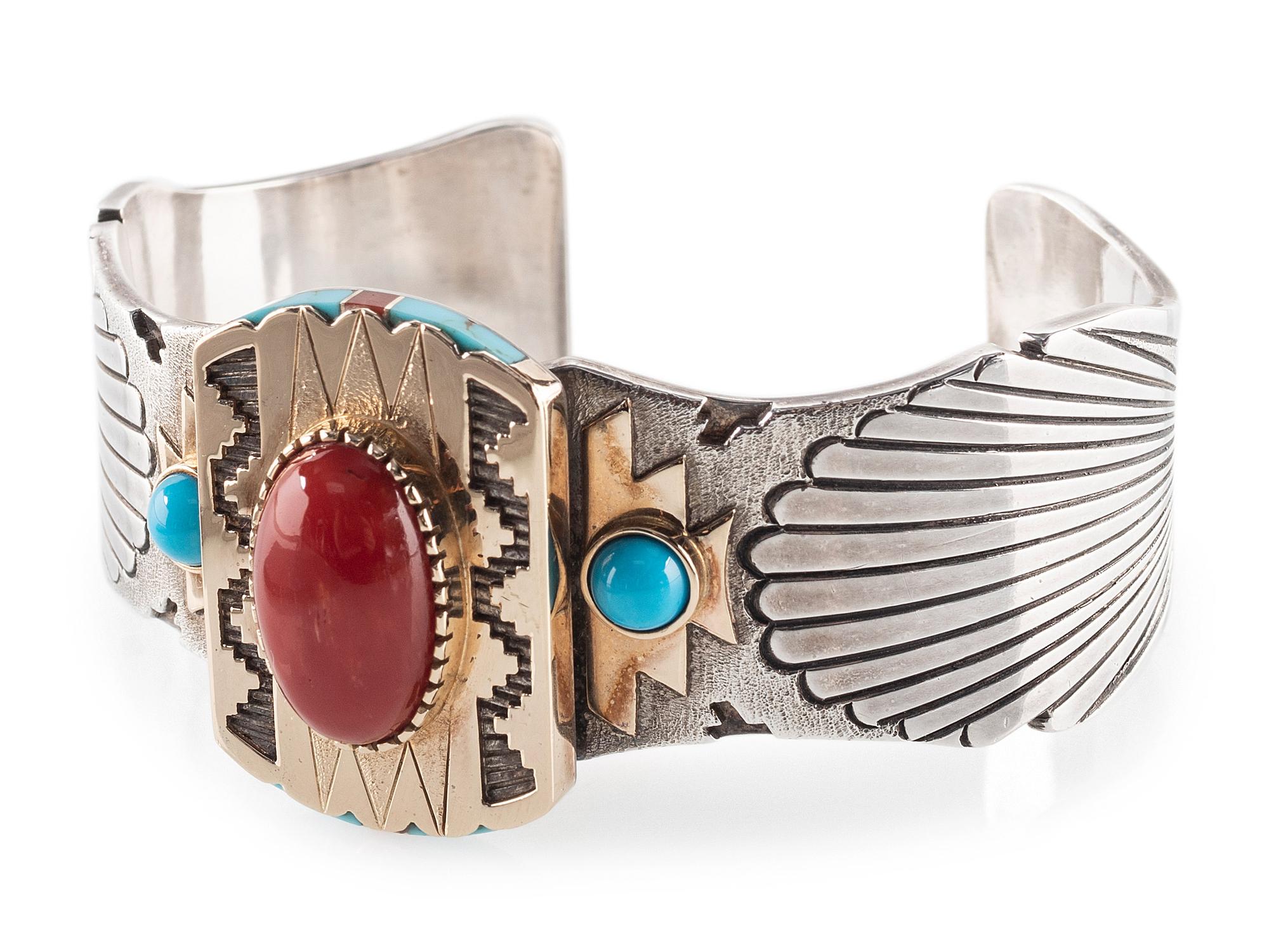 Sterling Silver Cuff Bracelet, with 14K Gold Accents, set with Turquoise and Coral