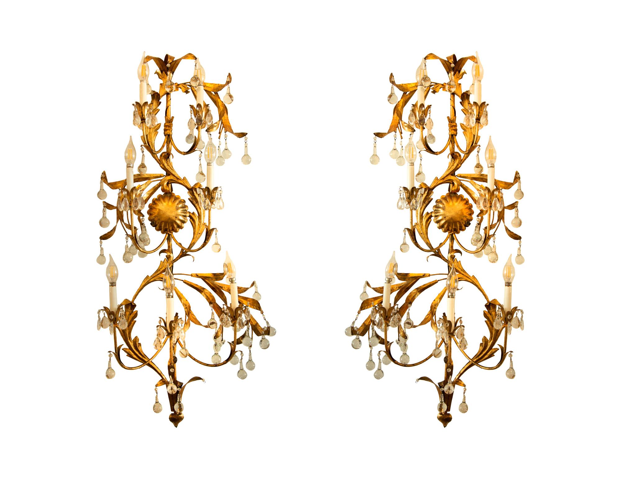 A Pair of Italian Gilt Tole Seven-Light Sconces