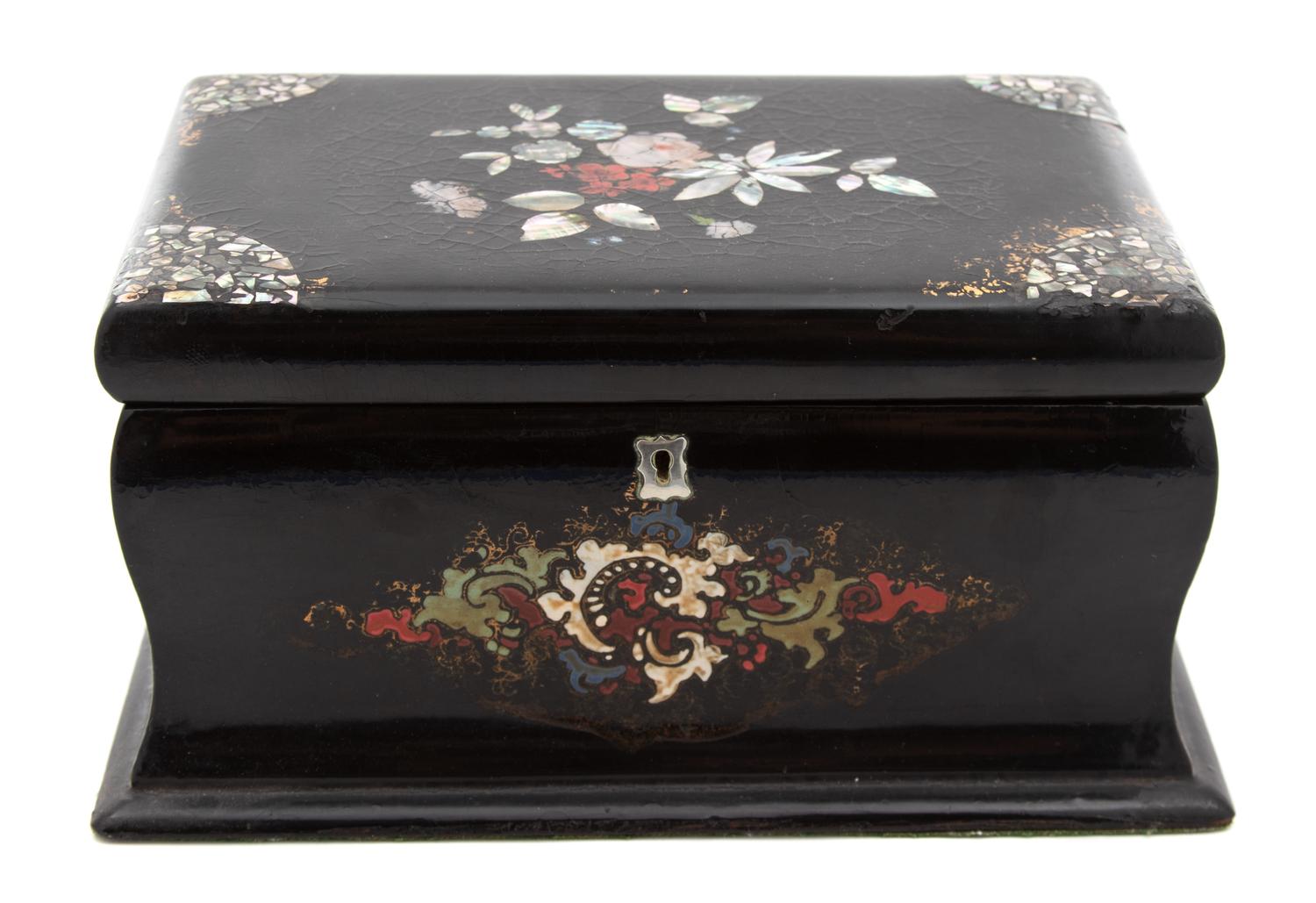 A Victorian Mother-of-Pearl Inlaid Papier-Mache Tea Caddy