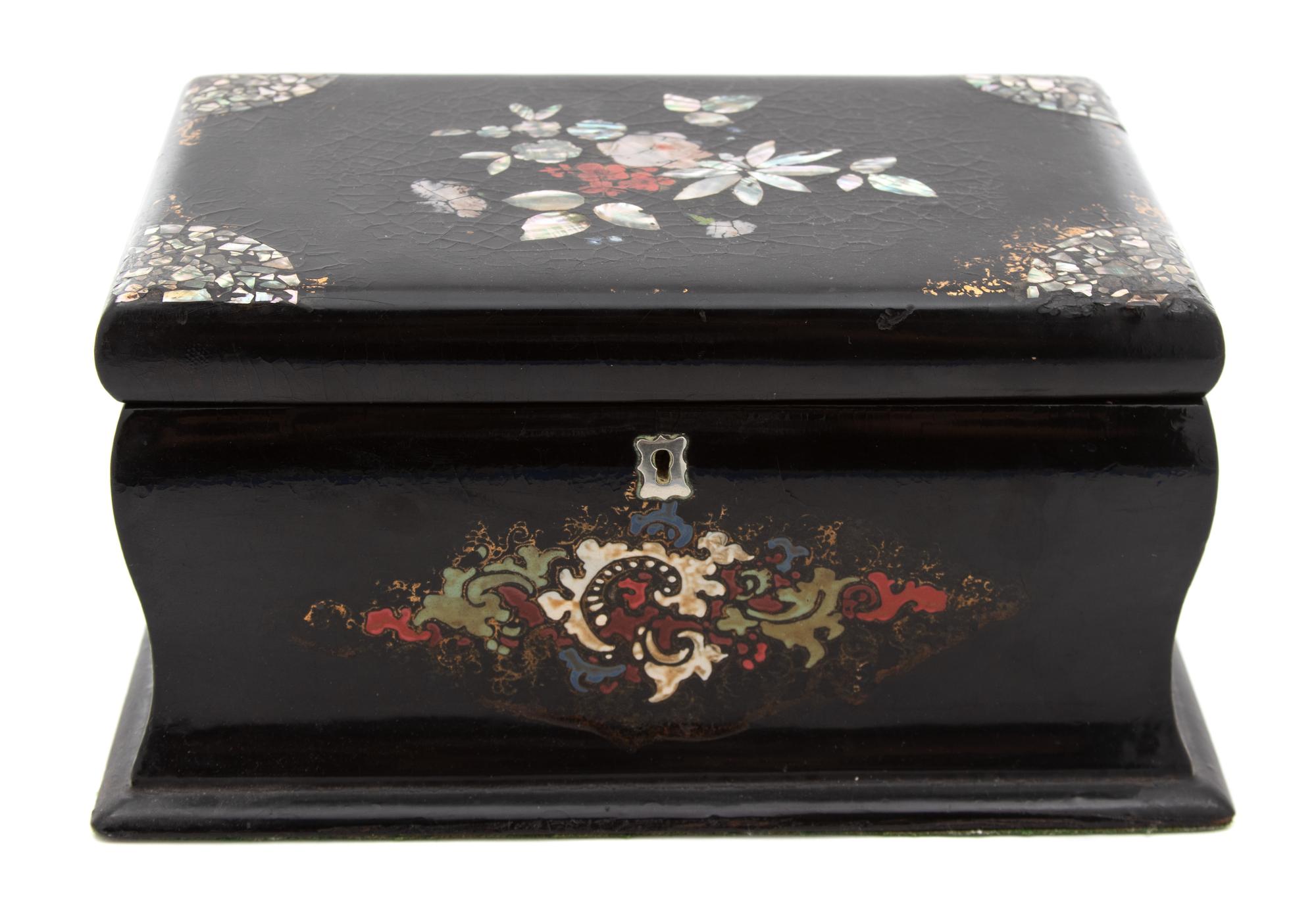 A Victorian Mother-of-Pearl Inlaid Papier-Mache Tea Caddy