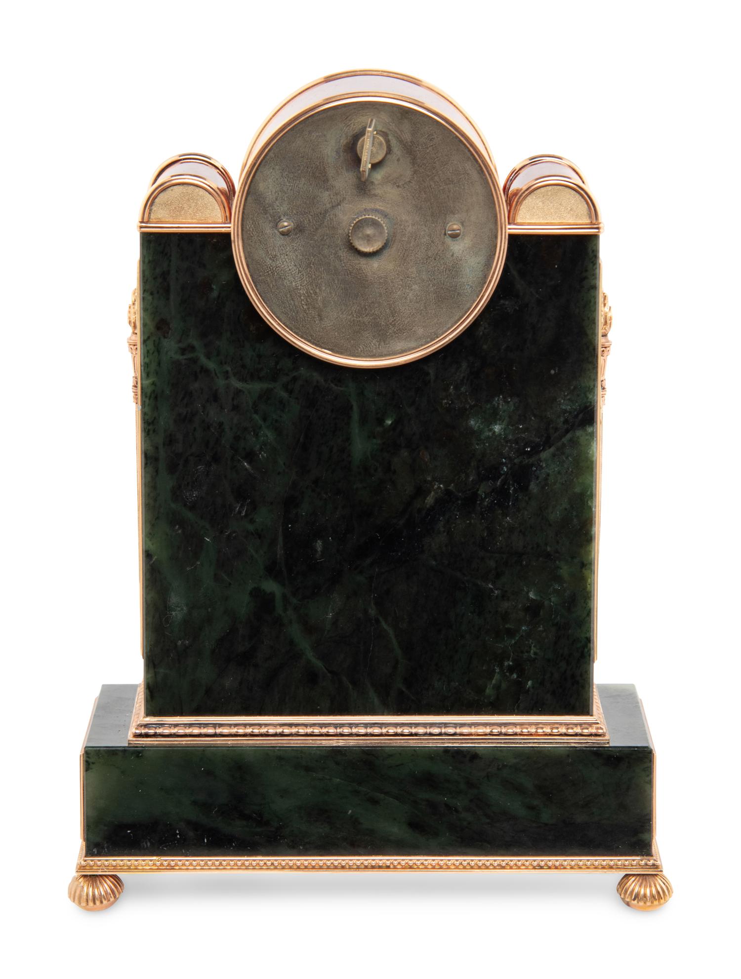 A Gold, Guilloché Enamel, Diamond, Gemstone and Nephrite Mantel Clock