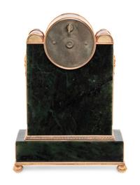 A Gold, Guilloché Enamel, Diamond, Gemstone and Nephrite Mantel Clock