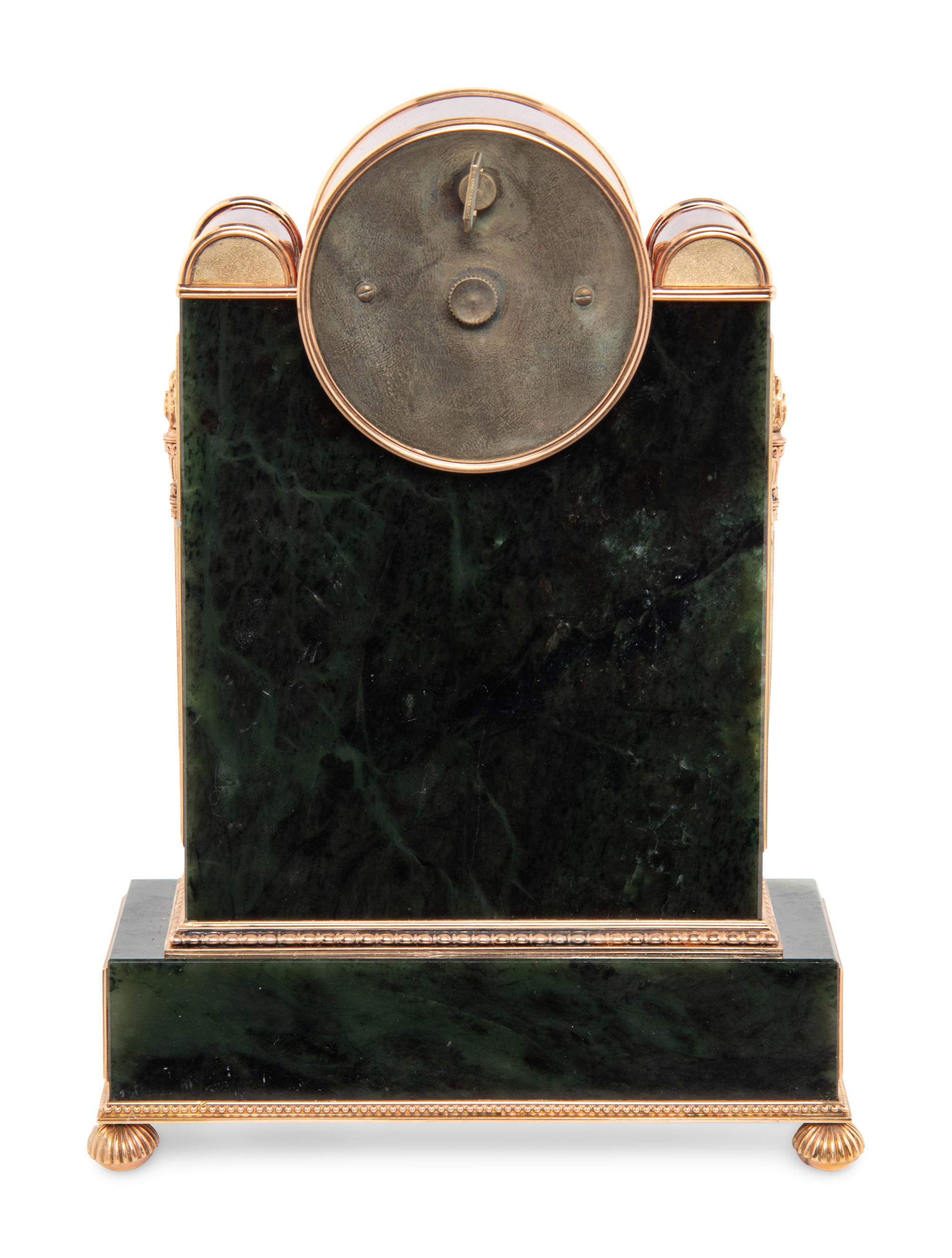 A Gold, Guilloché Enamel, Diamond, Gemstone and Nephrite Mantel Clock