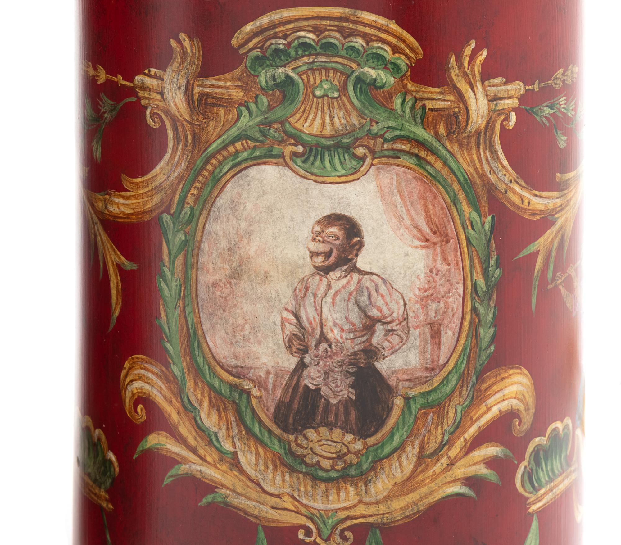 A Pair of Polychrome Painted Tea Canisters Mounted as Lamps