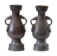 A Pair of Chinese Ming Style Bronze 'Mythical Beast' Handled Vases