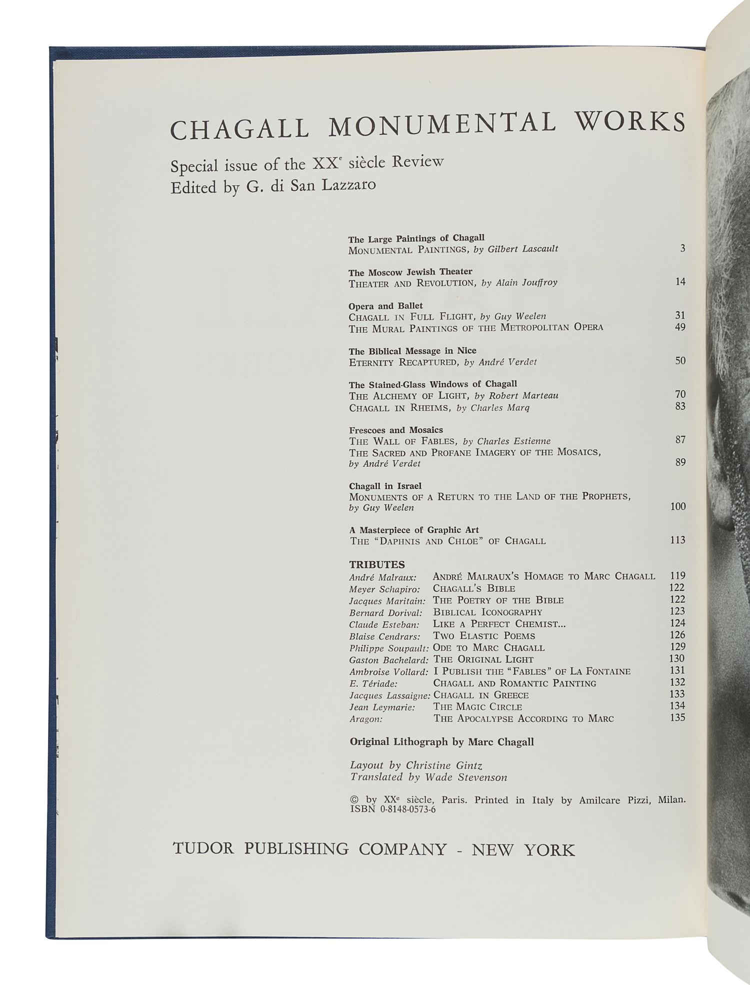 CHAGALL, Marc (1887-1995). – DI SAN LAZARRO, Gualtieri, editor. Chagall Monumental Works: Special Issue of XX Siecle Review. New York: Tudor Publishing Company, 1973.