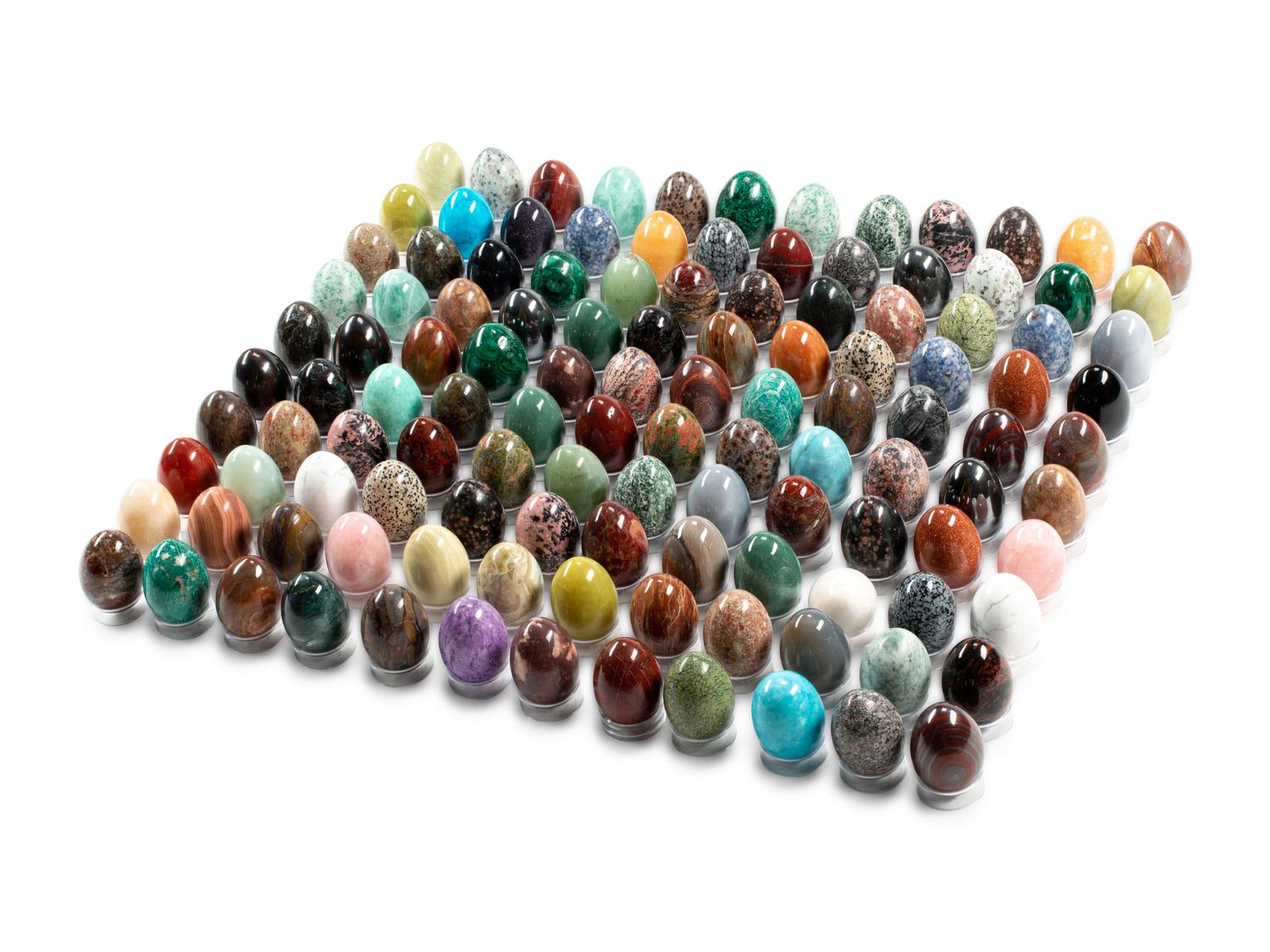 A Collection of Grand Tour Style Hardstone and Semi-Precious Stone Egg Ornaments