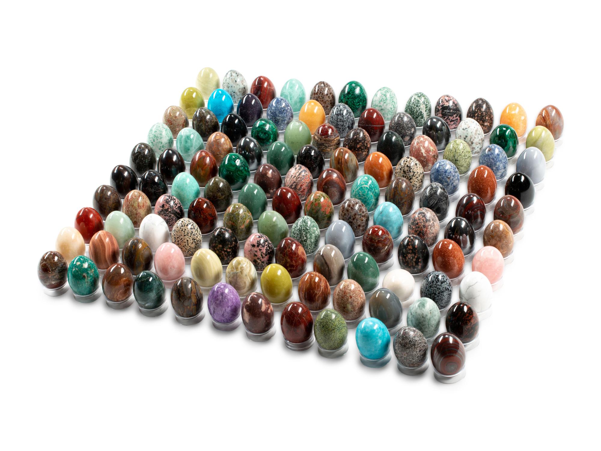 A Collection of Grand Tour Style Hardstone and Semi-Precious Stone Egg Ornaments