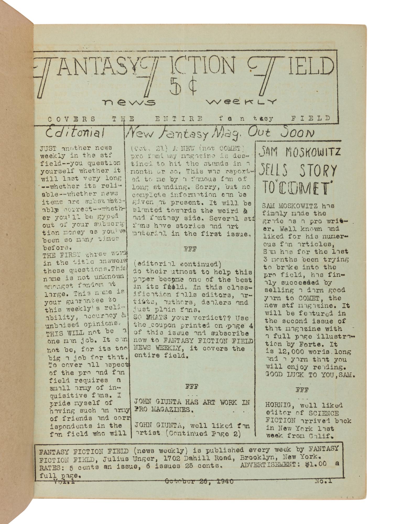 UNGER, Julius (1912-1963), ed. Fantasy Fiction Field. Brooklyn: Julius Unger, 1940-41.