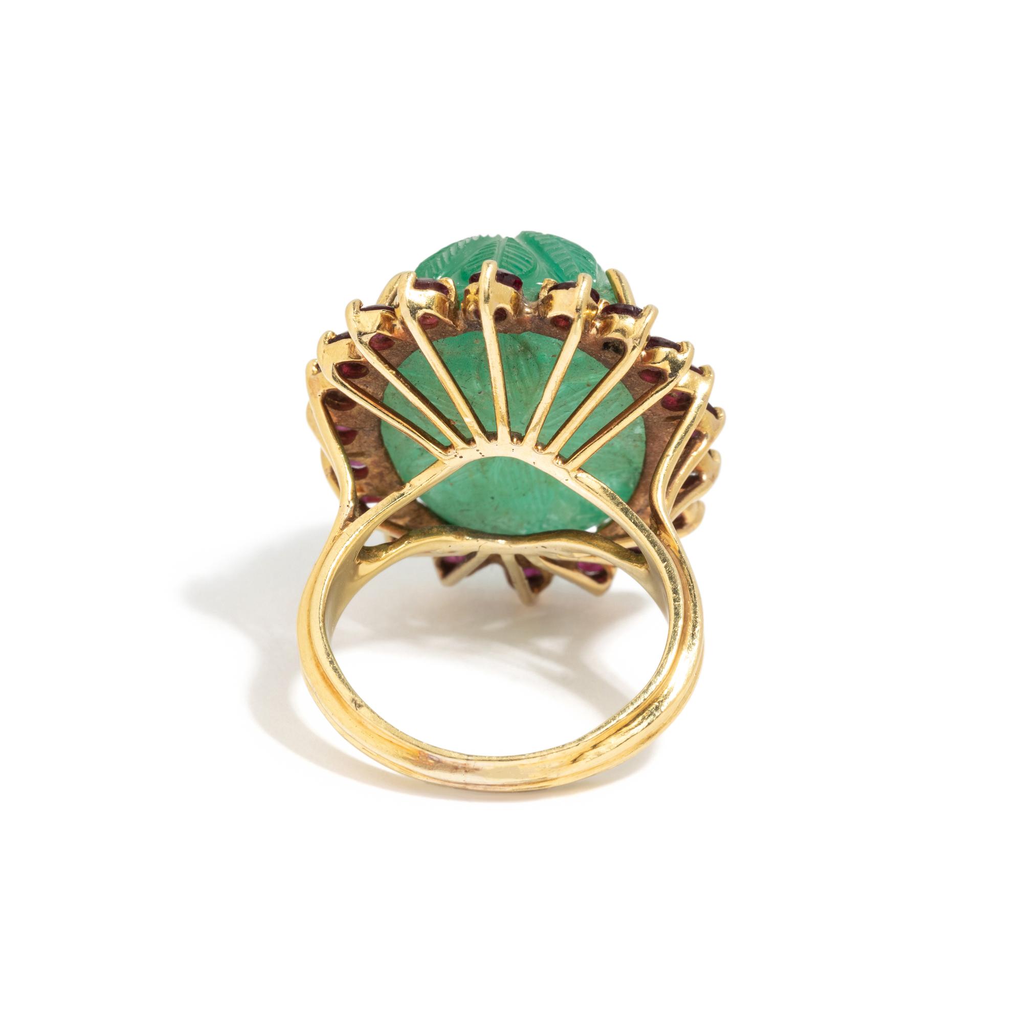 CARVED EMERALD AND RUBY RING