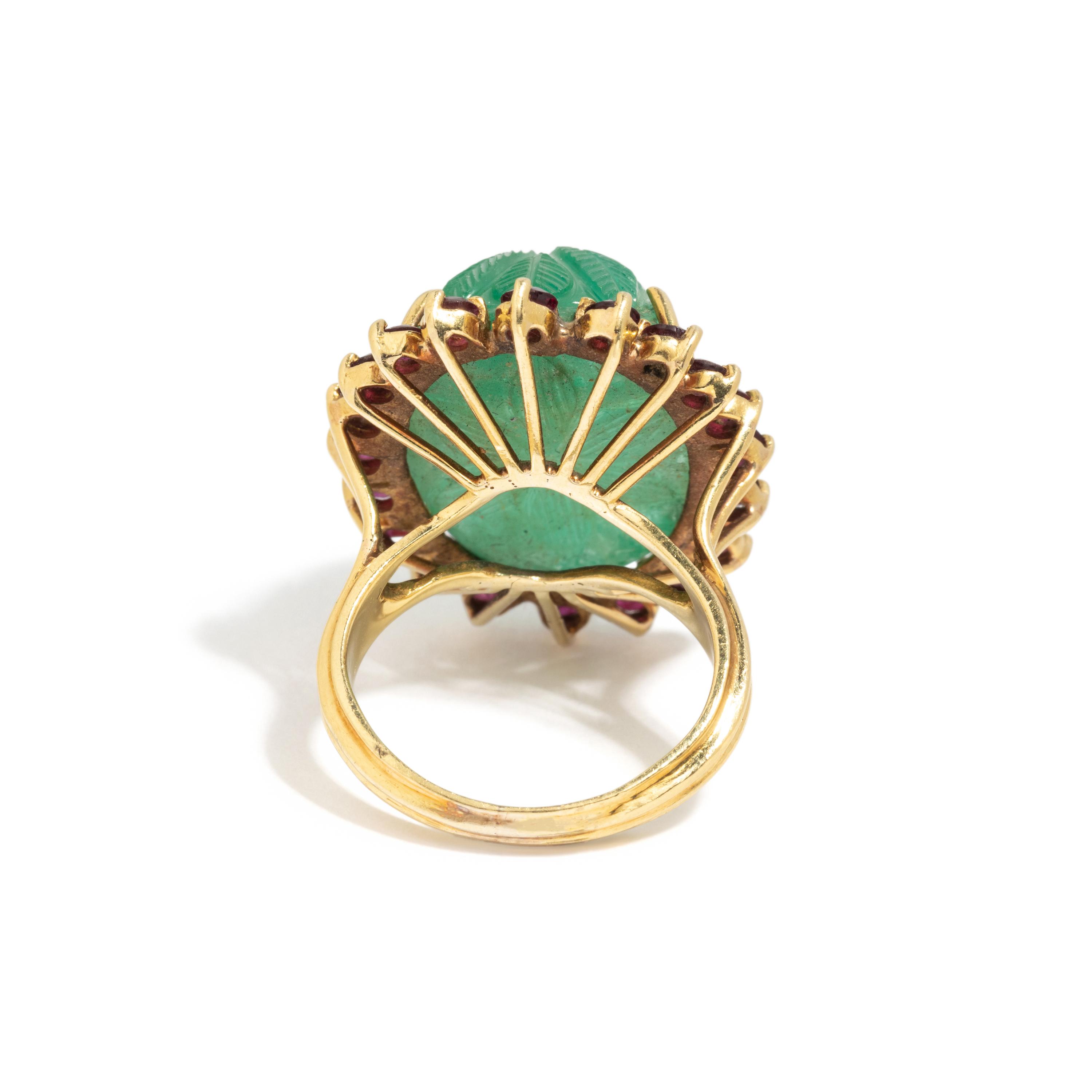 CARVED EMERALD AND RUBY RING