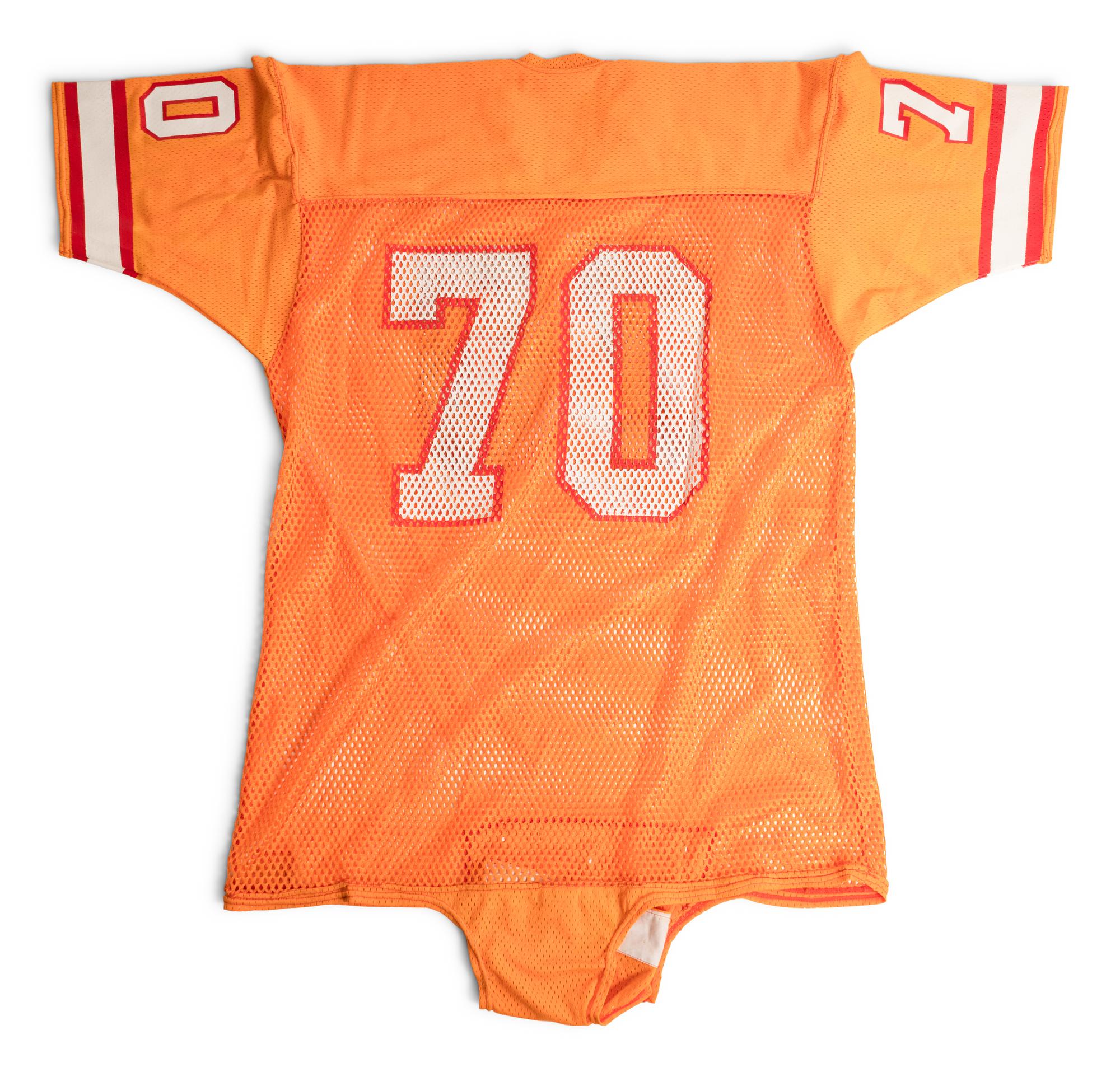 A Vintage 1970-80s Tampa Bay Buccaneers Game Issued "Creamsicle" Football Jersey and Group of Signed Autograph Items,