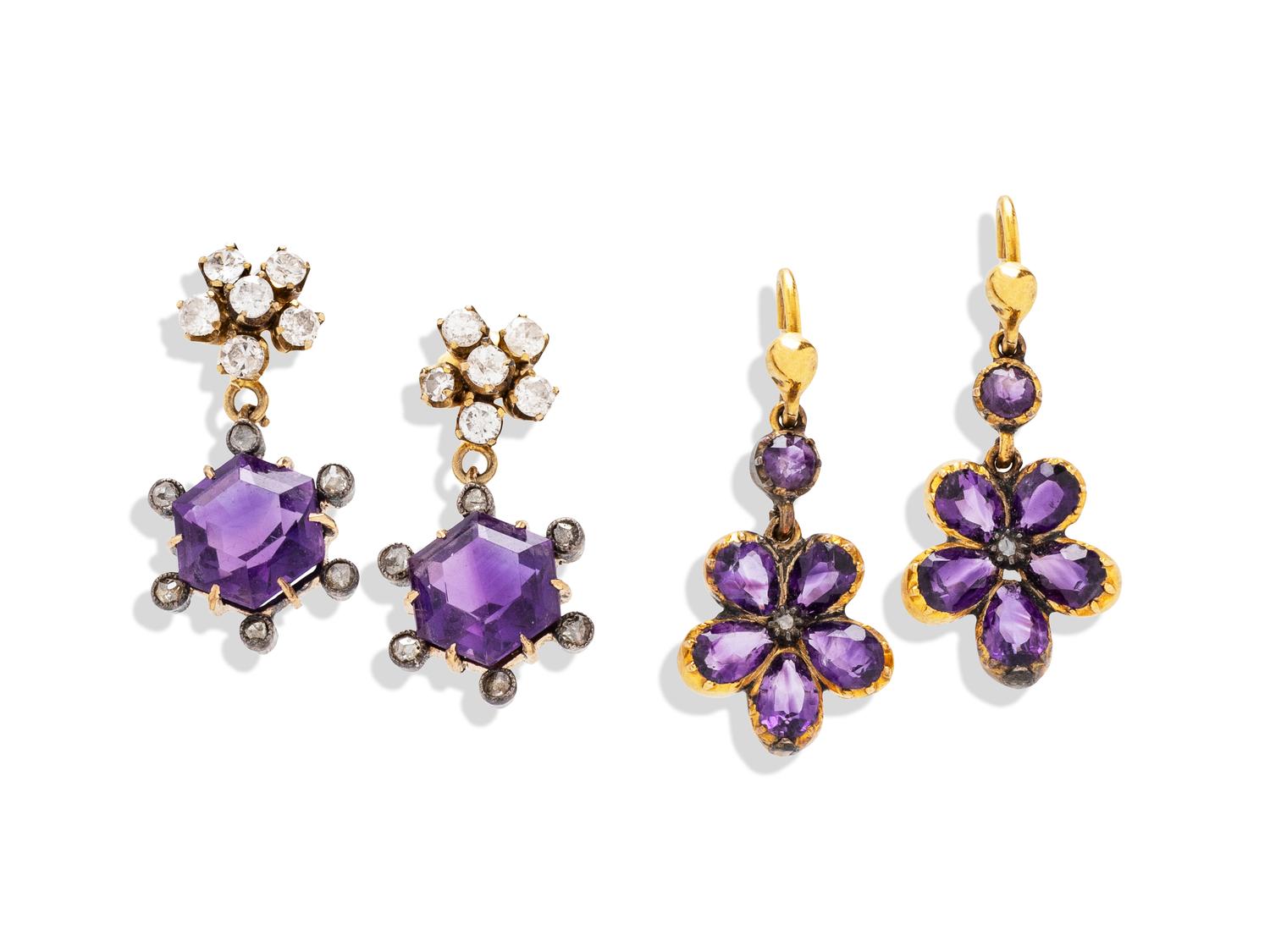 TWO PAIRS OF AMETHYST AND DIAMOND EARRINGS
