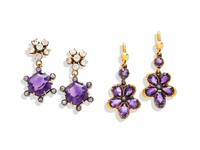 TWO PAIRS OF AMETHYST AND DIAMOND EARRINGS