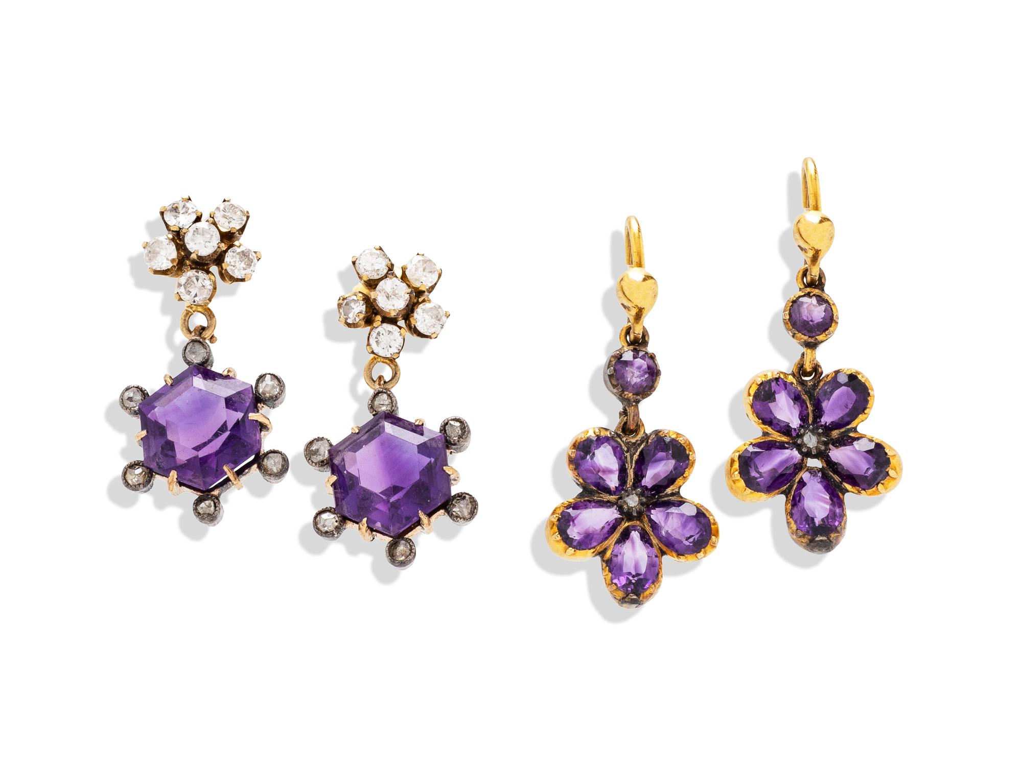 TWO PAIRS OF AMETHYST AND DIAMOND EARRINGS